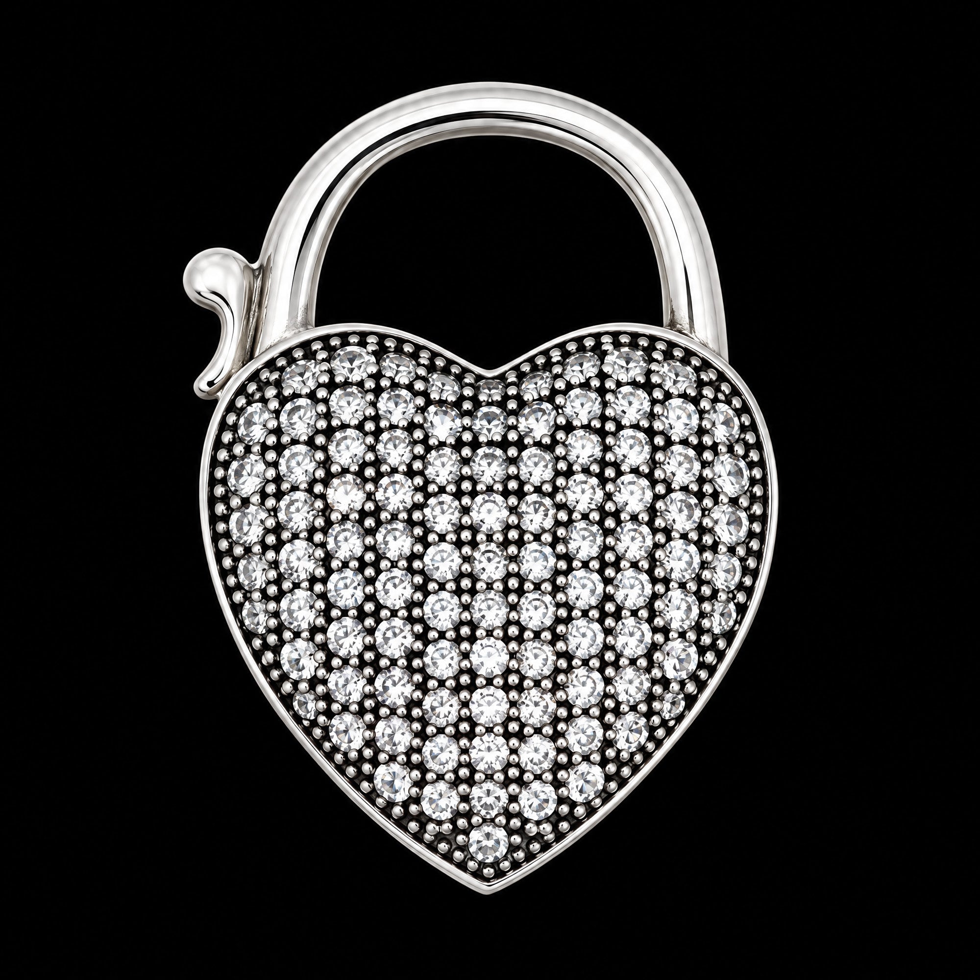 Front view of a pave heart padlock sterling silver belcher chain necklace showing the heart locket clasp in the closed position.
