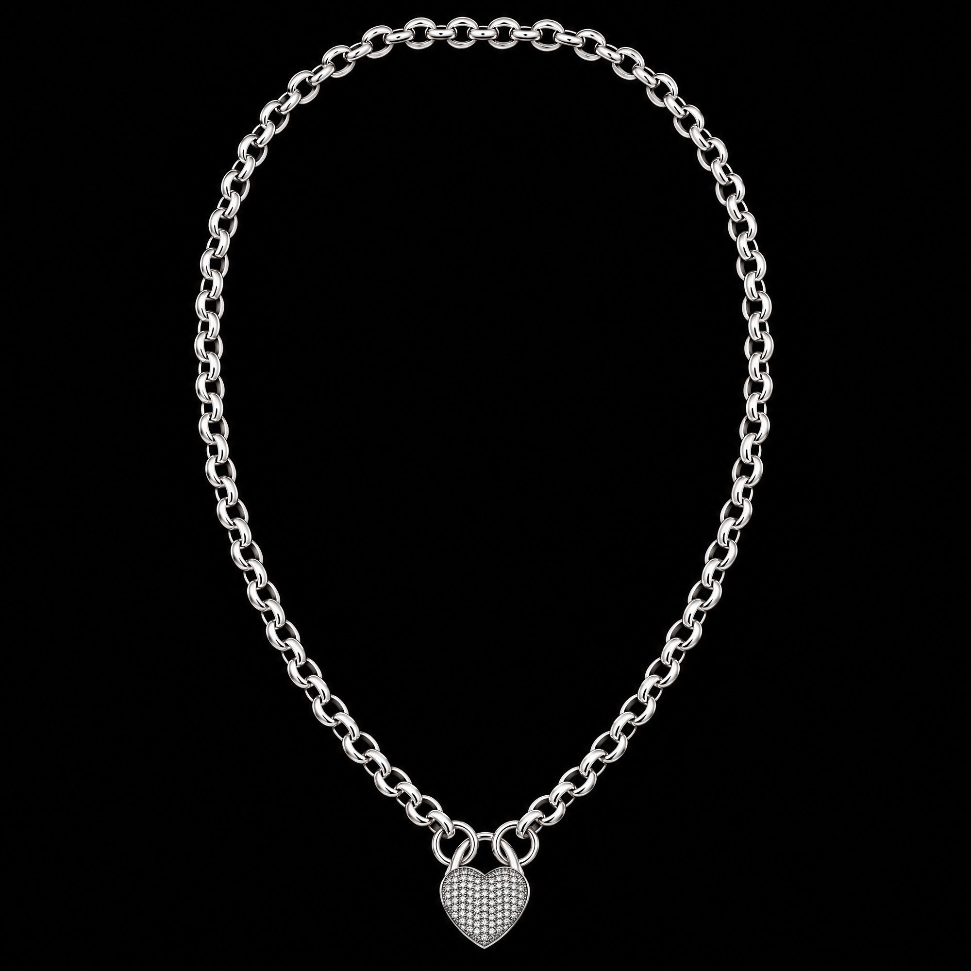 Pave Heart Padlock Sterling Silver Belcher Chain Necklace