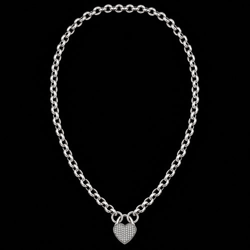 Pave Heart Padlock Sterling Silver Belcher Chain Necklace