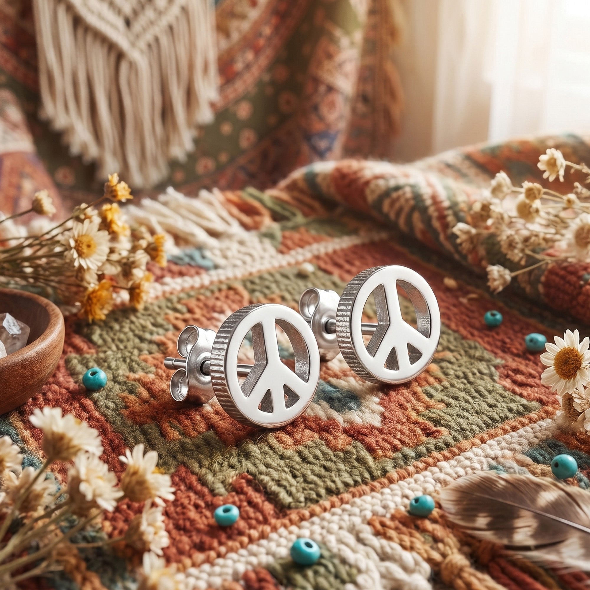 Peace symbol stainless steel stud earrings in a BOHO fabric and bead setting.