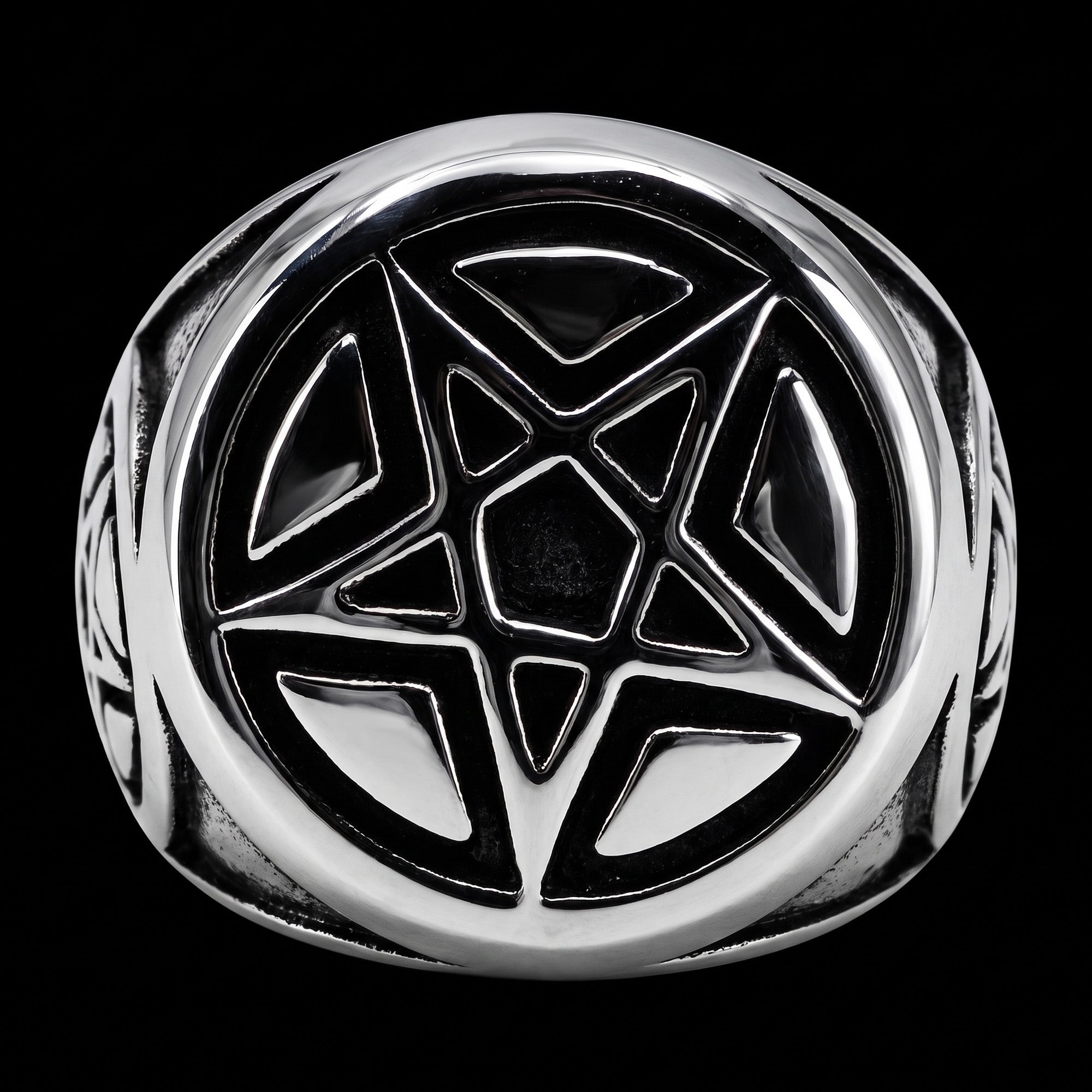 Front view of a pentagram stainless steel men's signet ring.