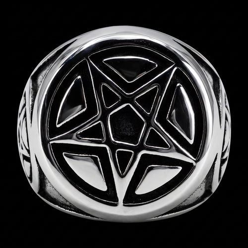 Front view of a pentagram stainless steel men's signet ring.