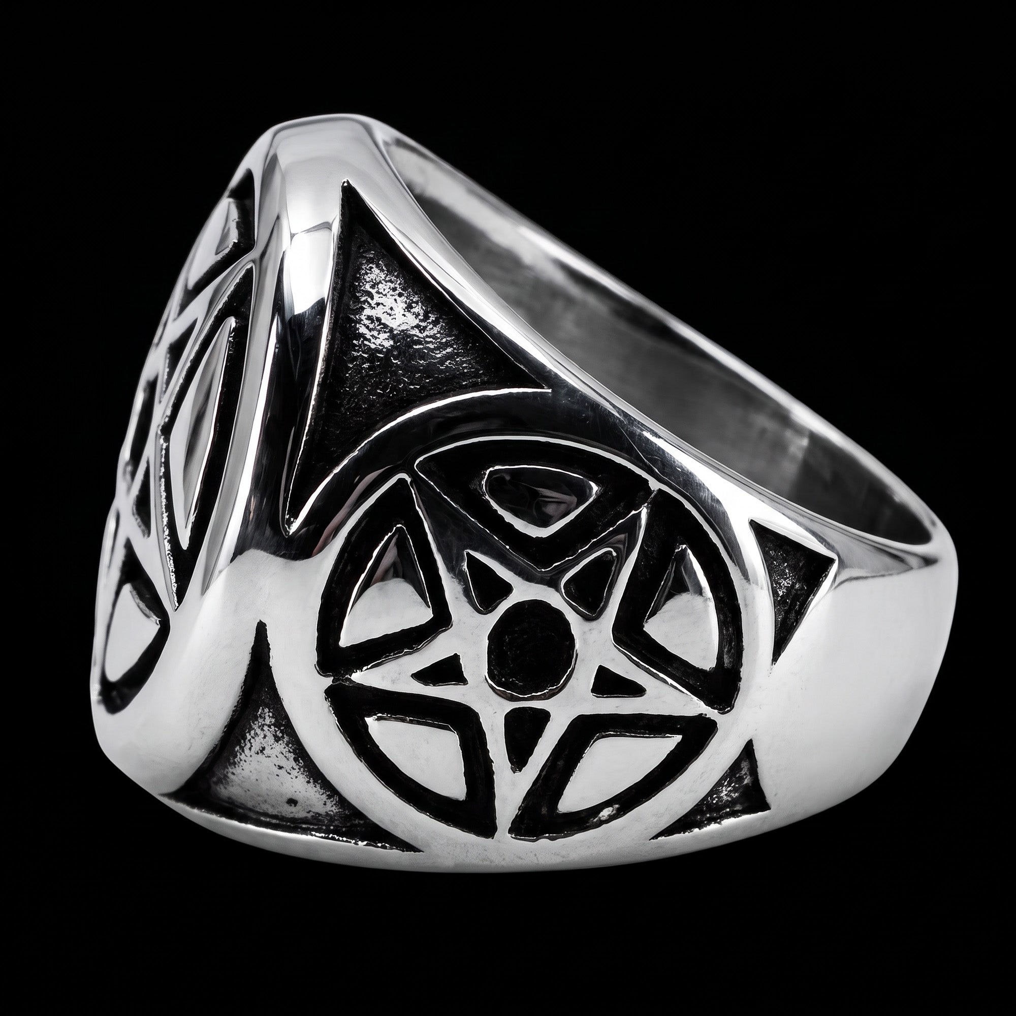 Side view of a pentagram stainless steel men's signet ring.