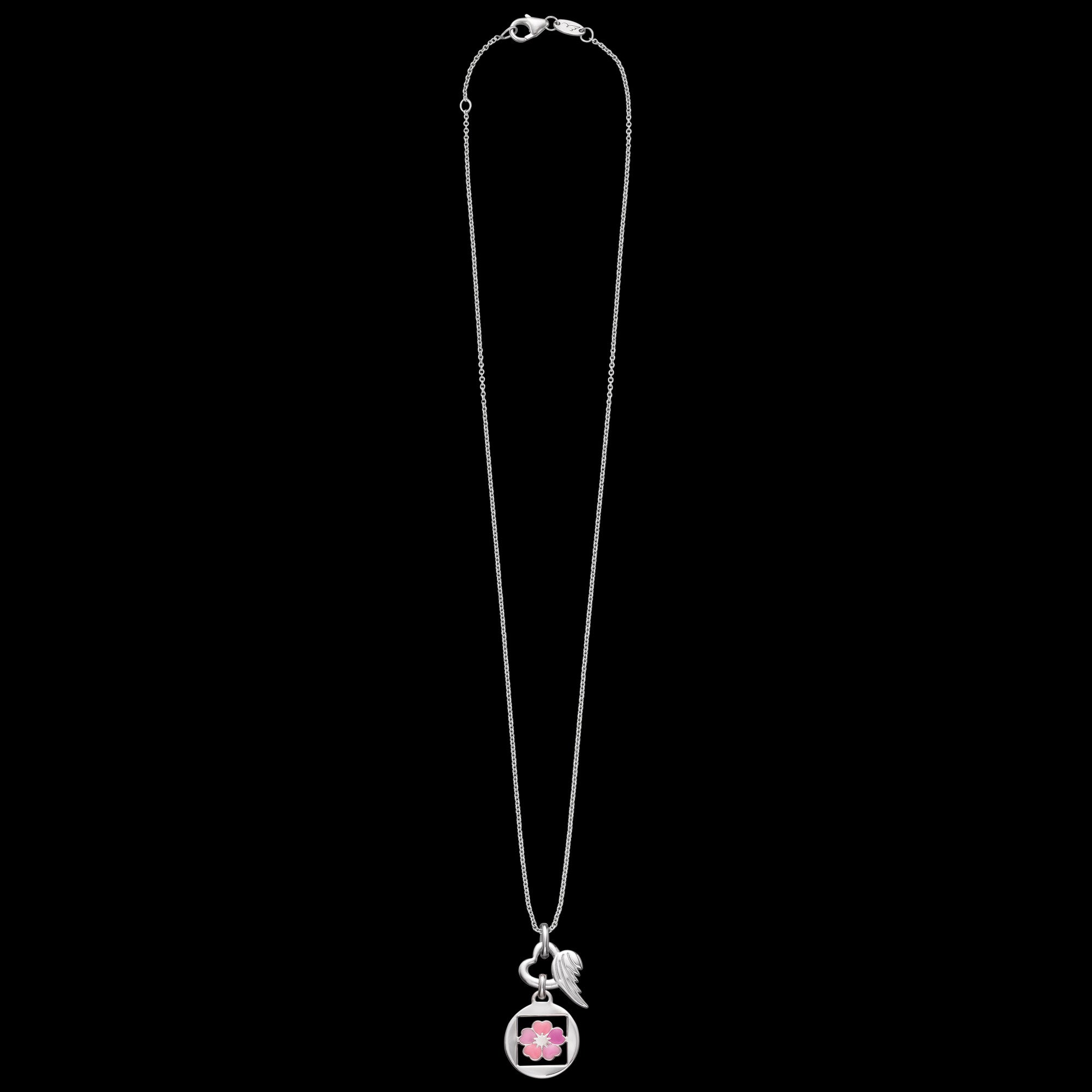 Full view of Herzengel beautiful pink flower heart wing silver children's necklace.