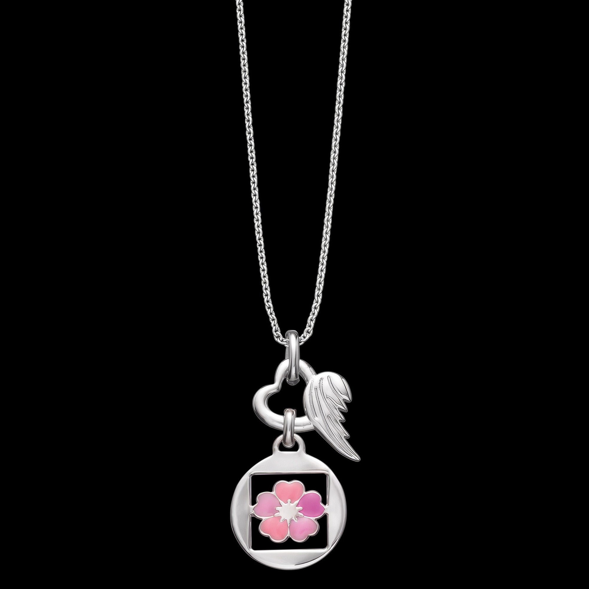 Beautiful Pink Flower Heart Wing Silver Children's Necklace | Herzengel