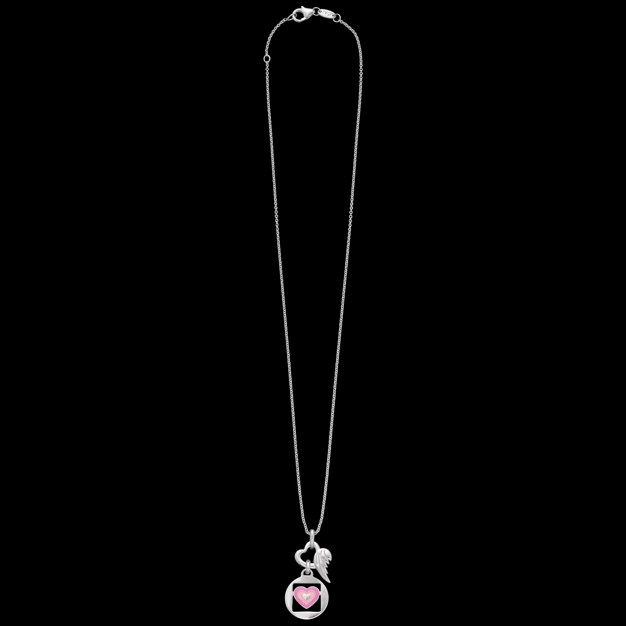 Full view of Herzengel pink love heart wing silver children's necklace.
