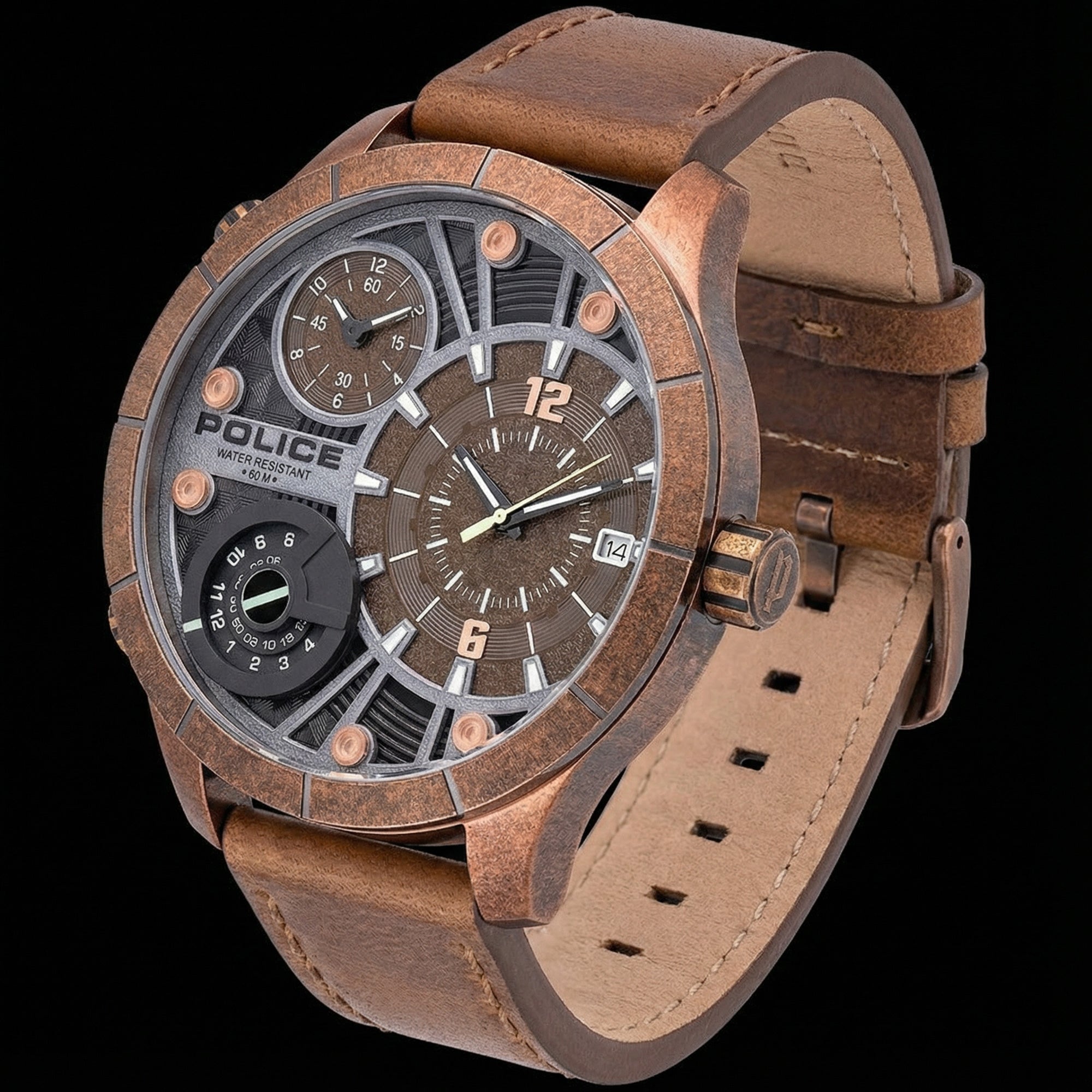 Angle view of Police Bushmaster brown leather men's watch.