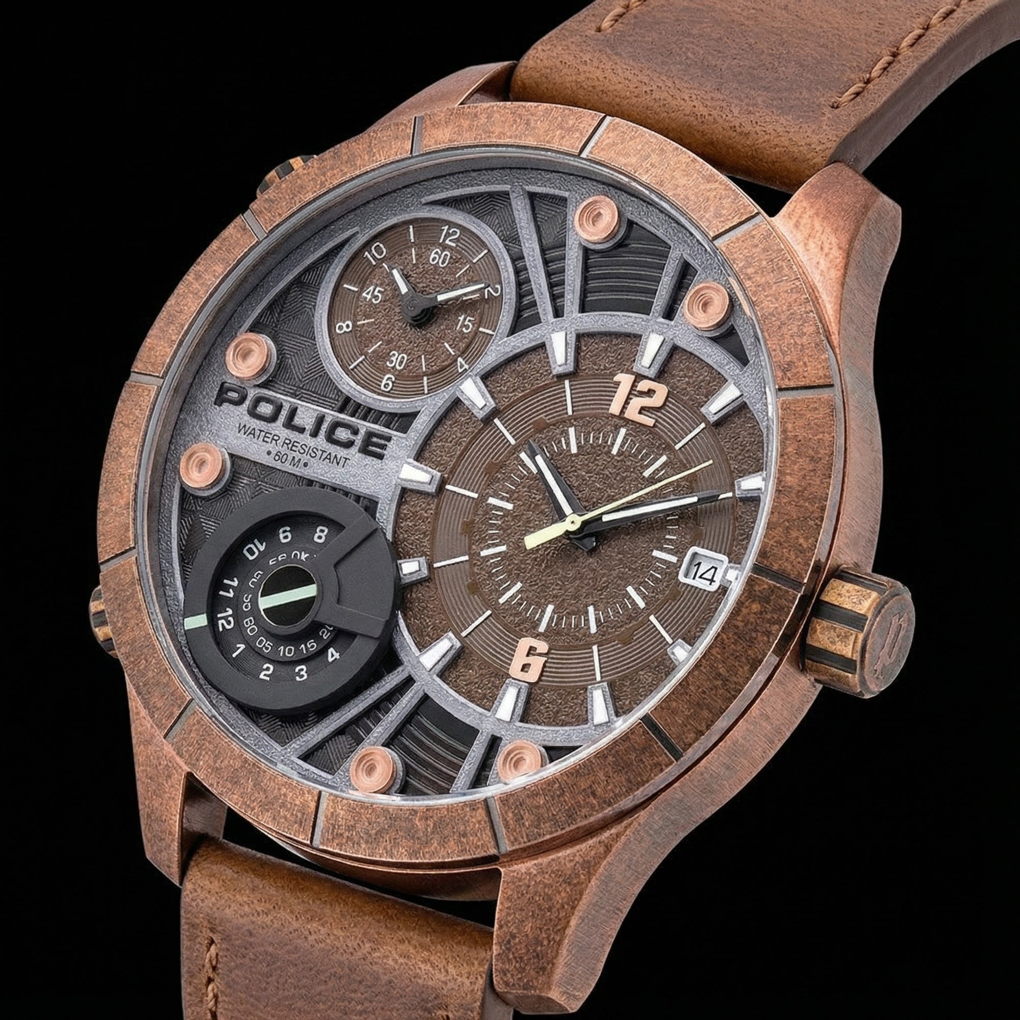 Close-up of Police Bushmaster brown leather men's watch.