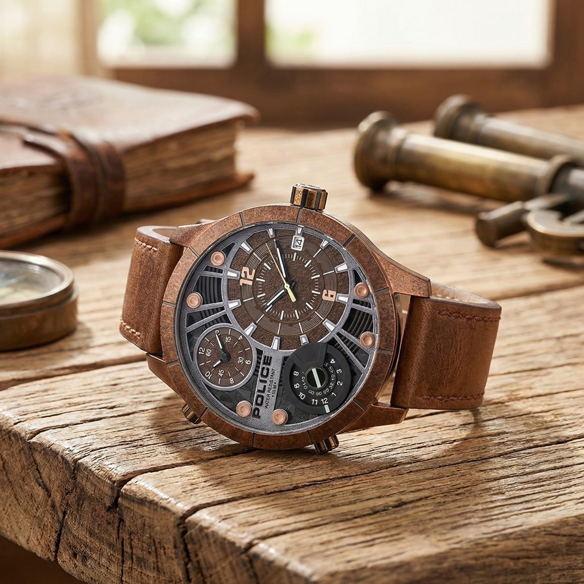 Police Bushmaster brown leather men's watch on a wooden table.