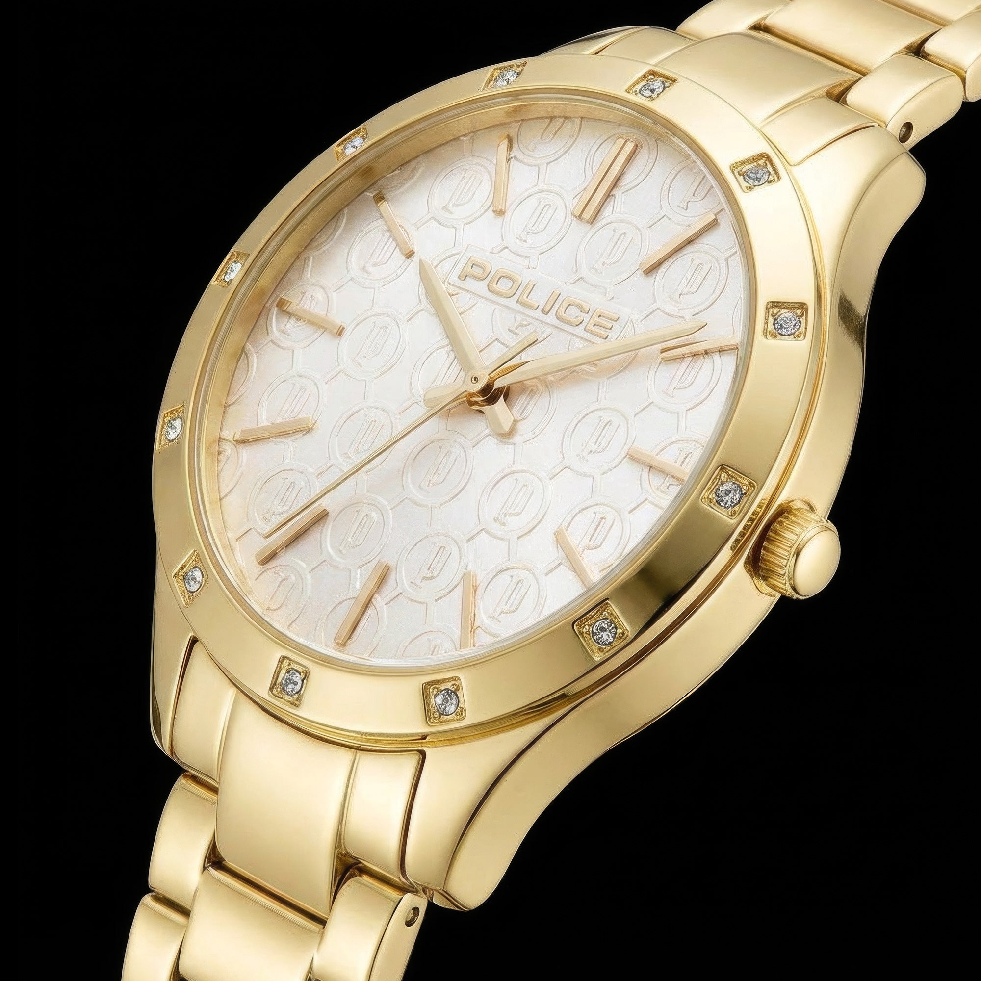 Close-up of Police ladies Amore gold watch.