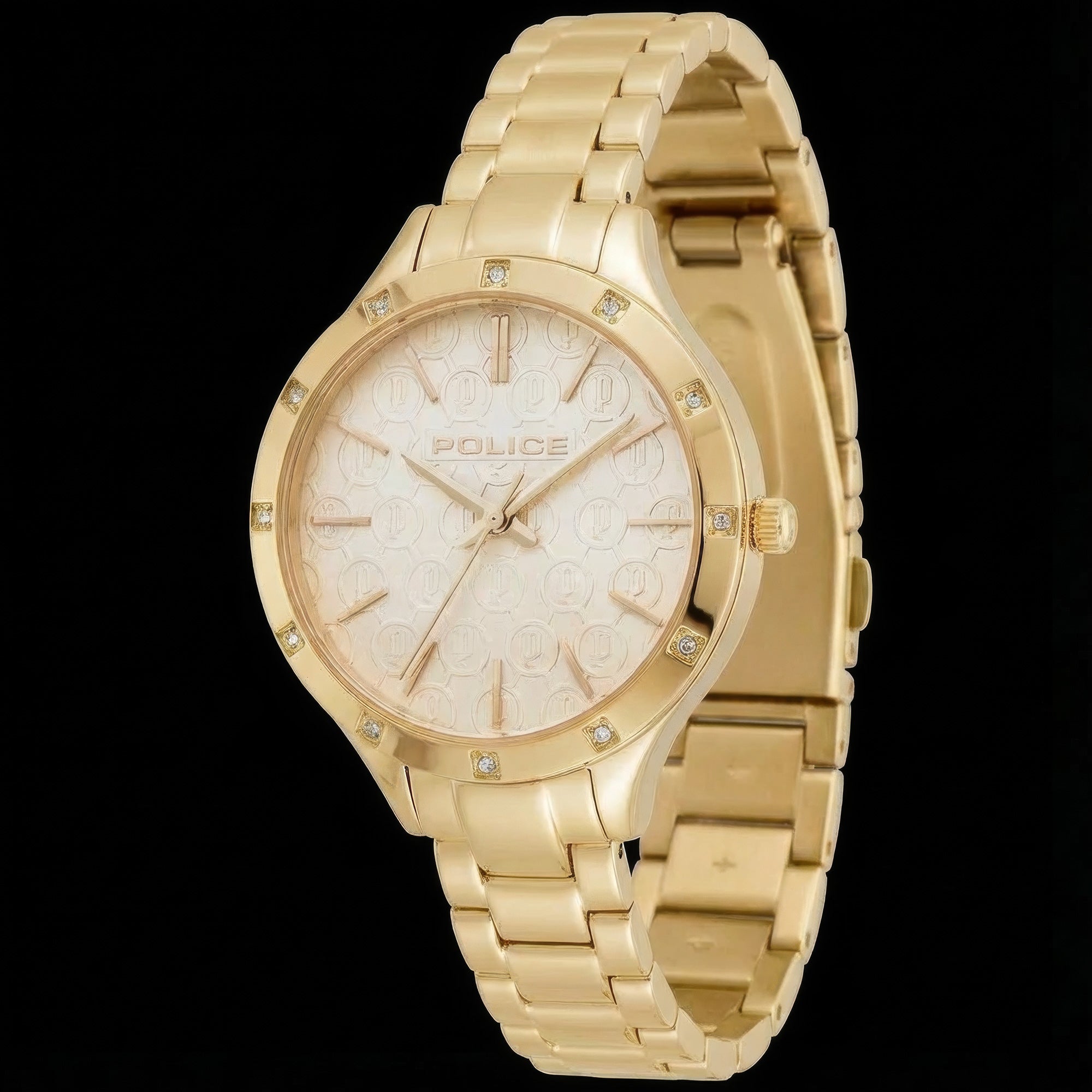 Police ladies Amore gold watch tilted to the left.