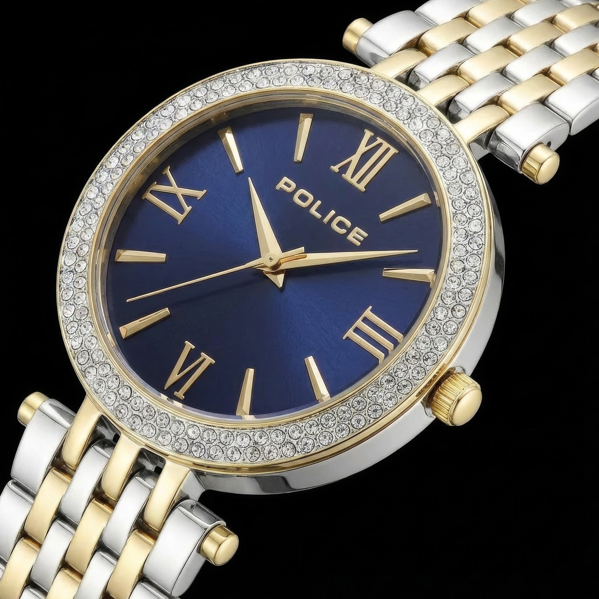 Close up view of Police ladies Dazzle royal blue dial two tone watch.