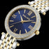 Close up view of Police ladies Dazzle royal blue dial two tone watch.