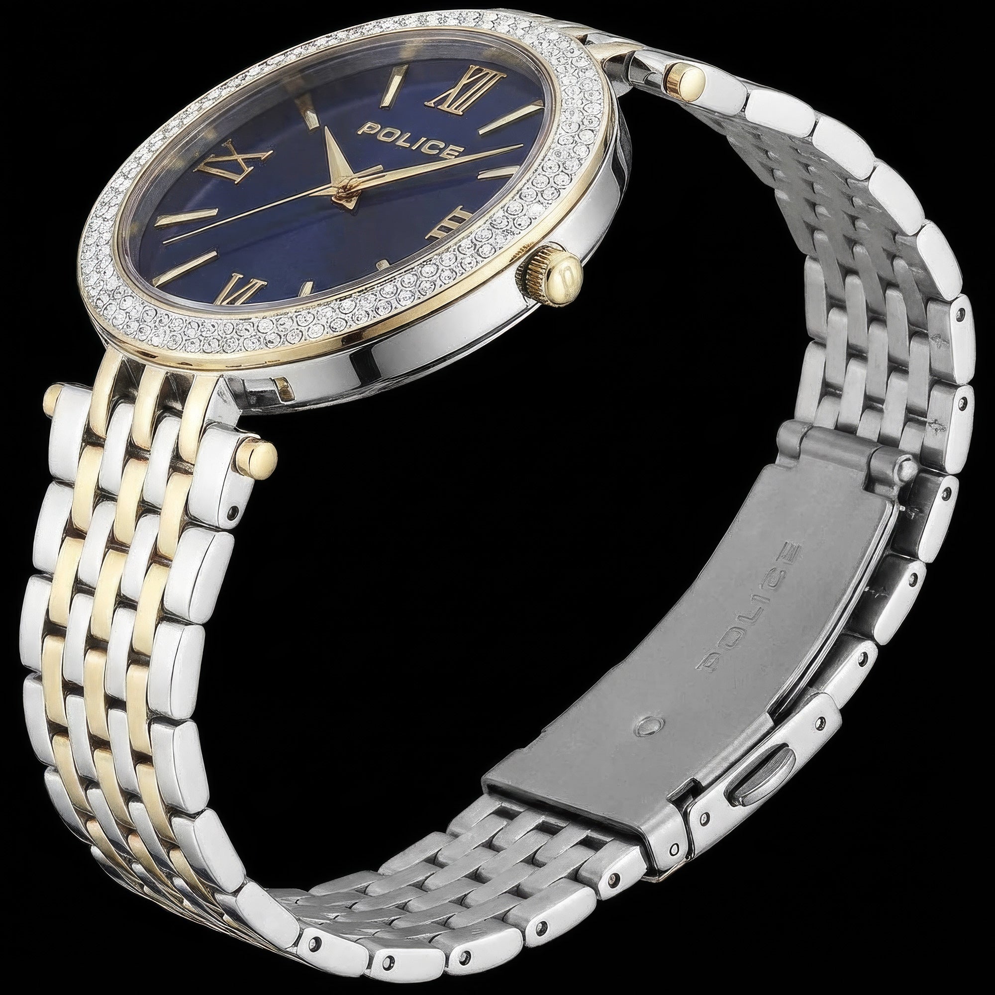 Full side view of Police ladies Dazzle royal blue dial two tone watch.