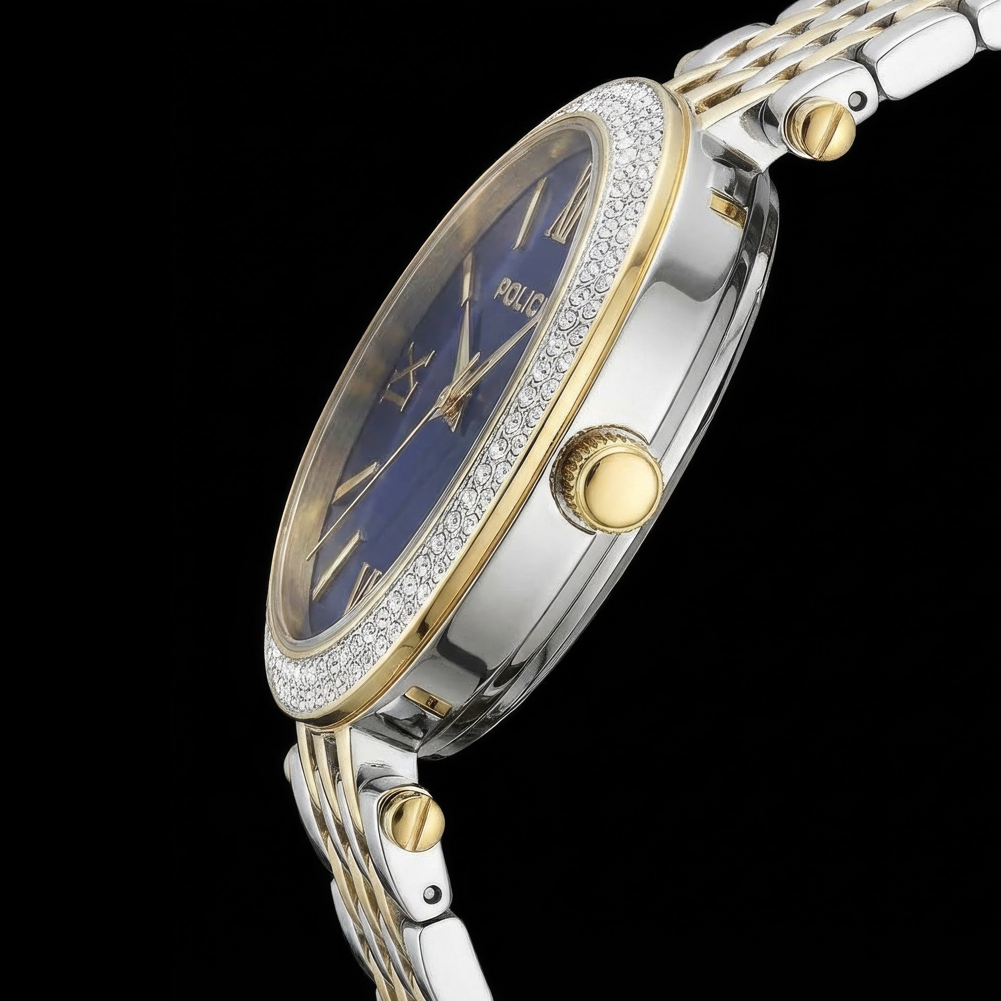 Close up side view of Police ladies Dazzle royal blue dial two tone watch.