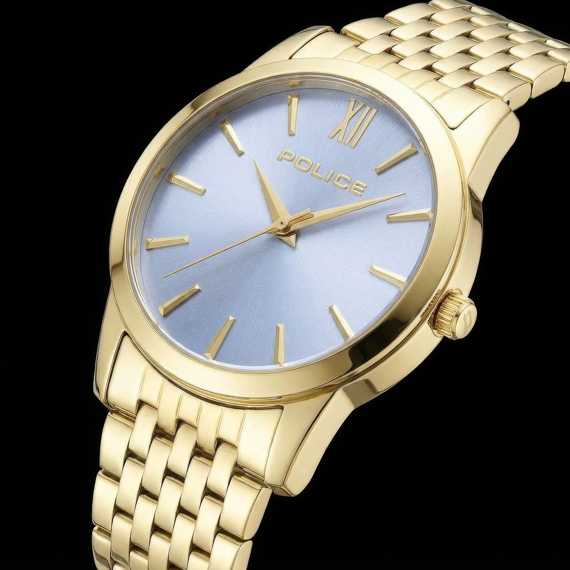 Close-up of Police ladies Celebration powder blue dial gold watch.
