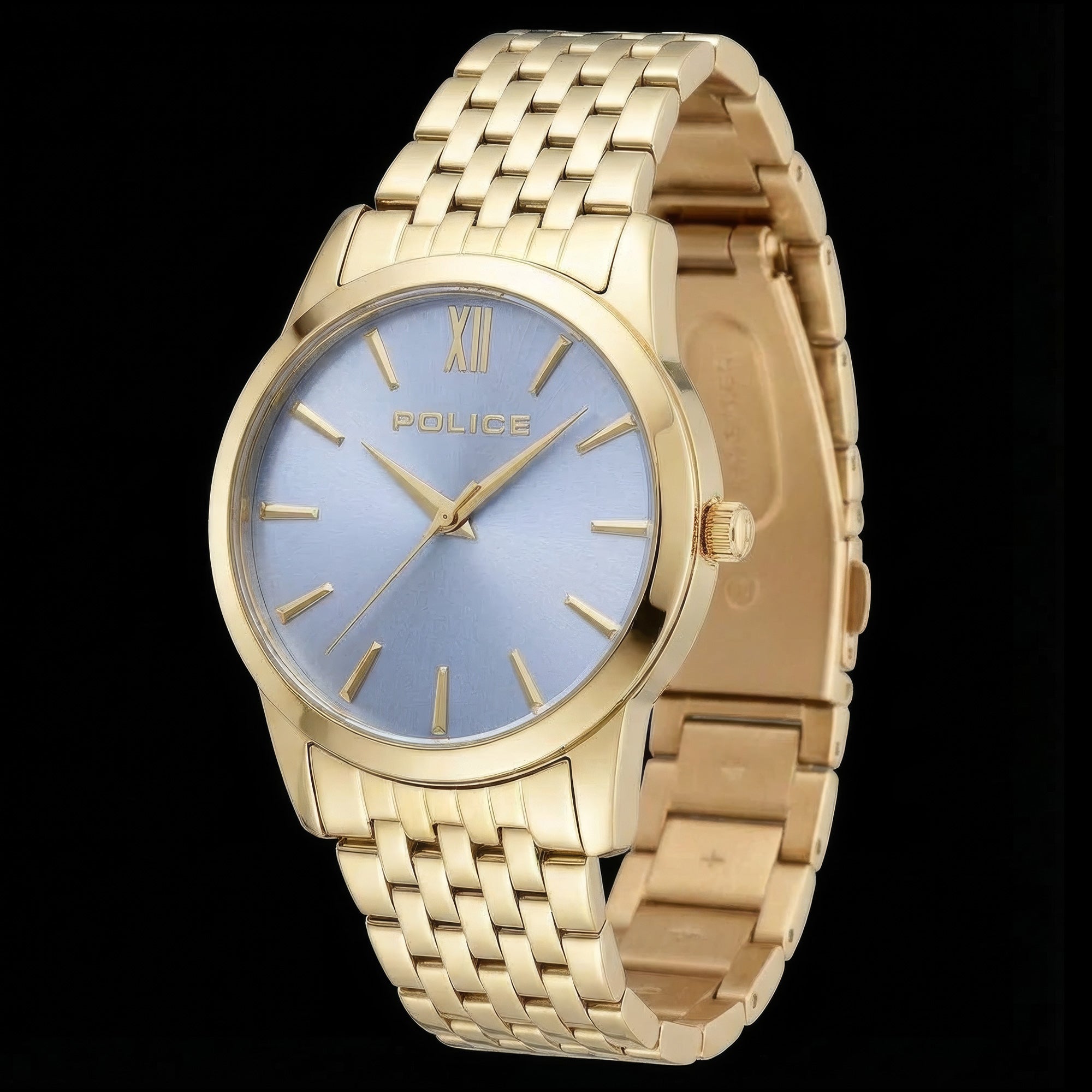 Side tilt angle of Police ladies Celebration powder blue dial gold watch.