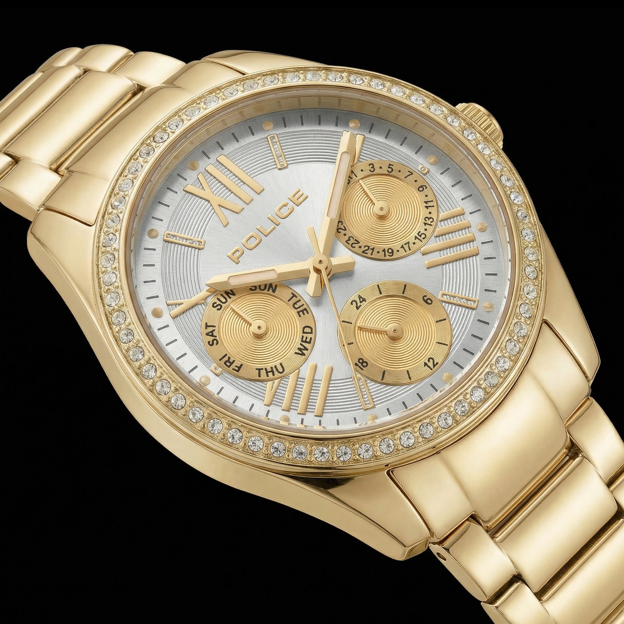 Close-up of the dial of Police ladies Concerto Gold Watch.