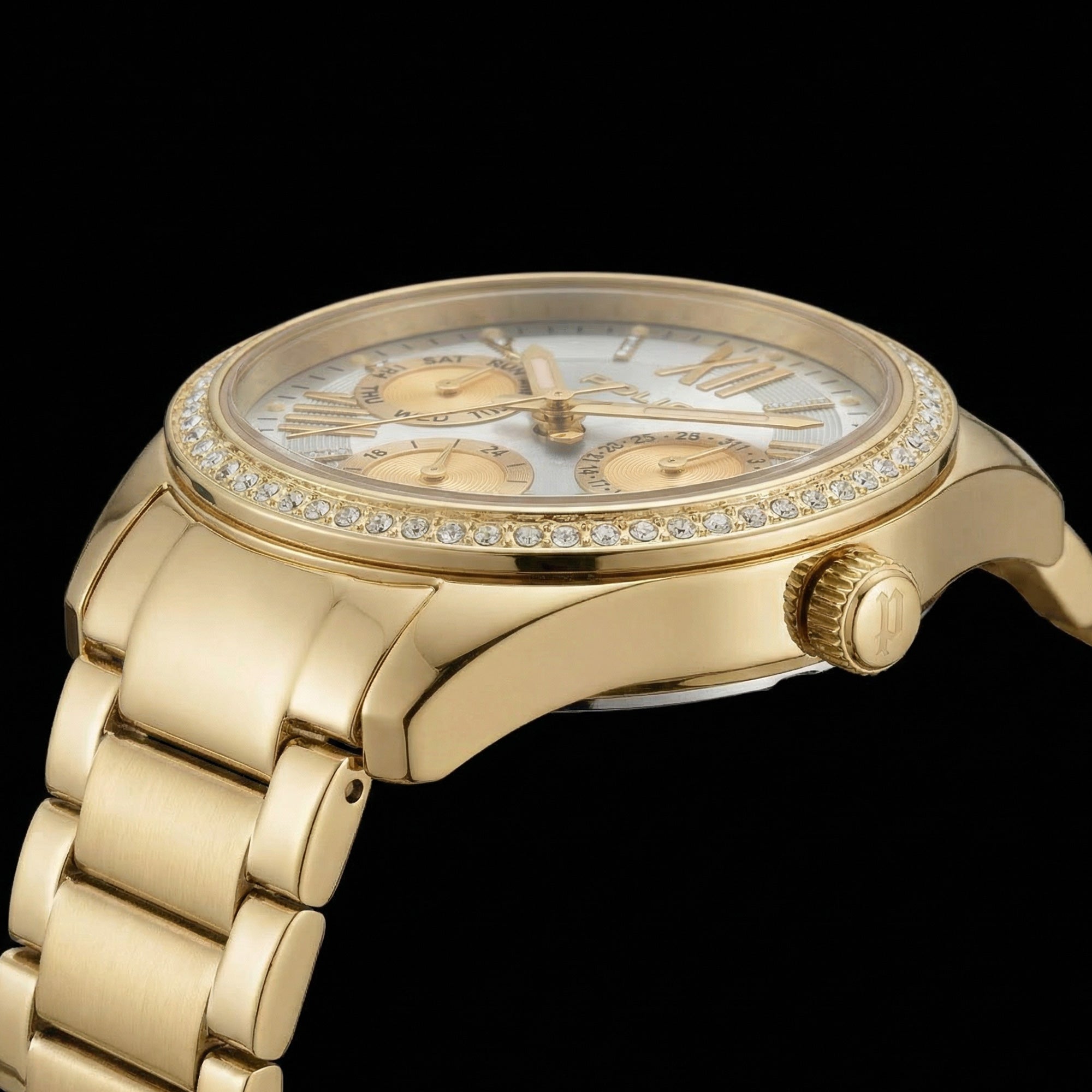 Side view close-up of Police ladies Concerto gold watch.