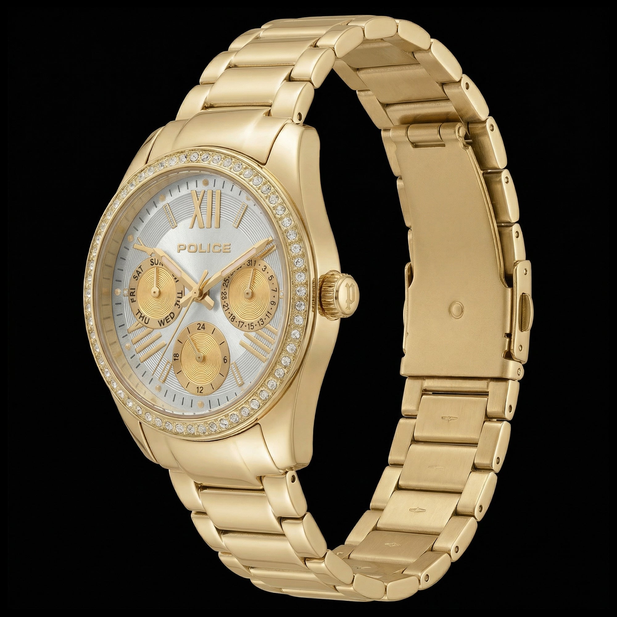 Police ladies Concerto Gold Watch tilted to the left.