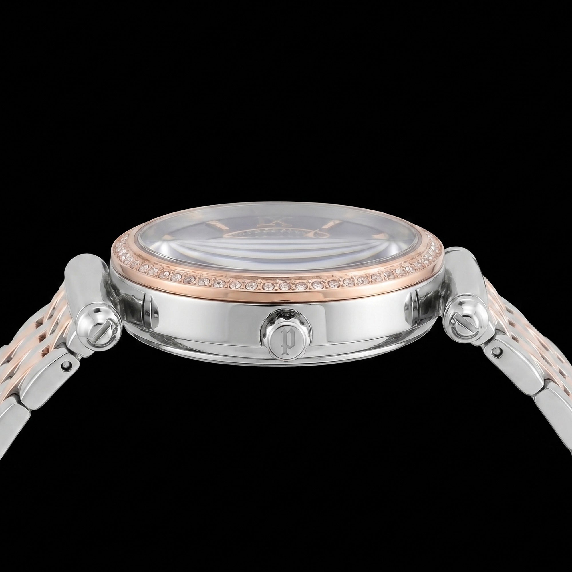 Side view of Police ladies Liberty royal blue dial two tone watch.