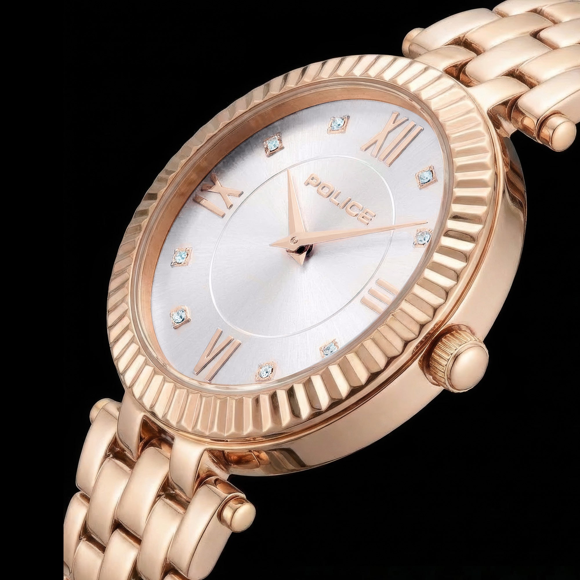 Close-up of Police ladies Magnificence rose gold watch.