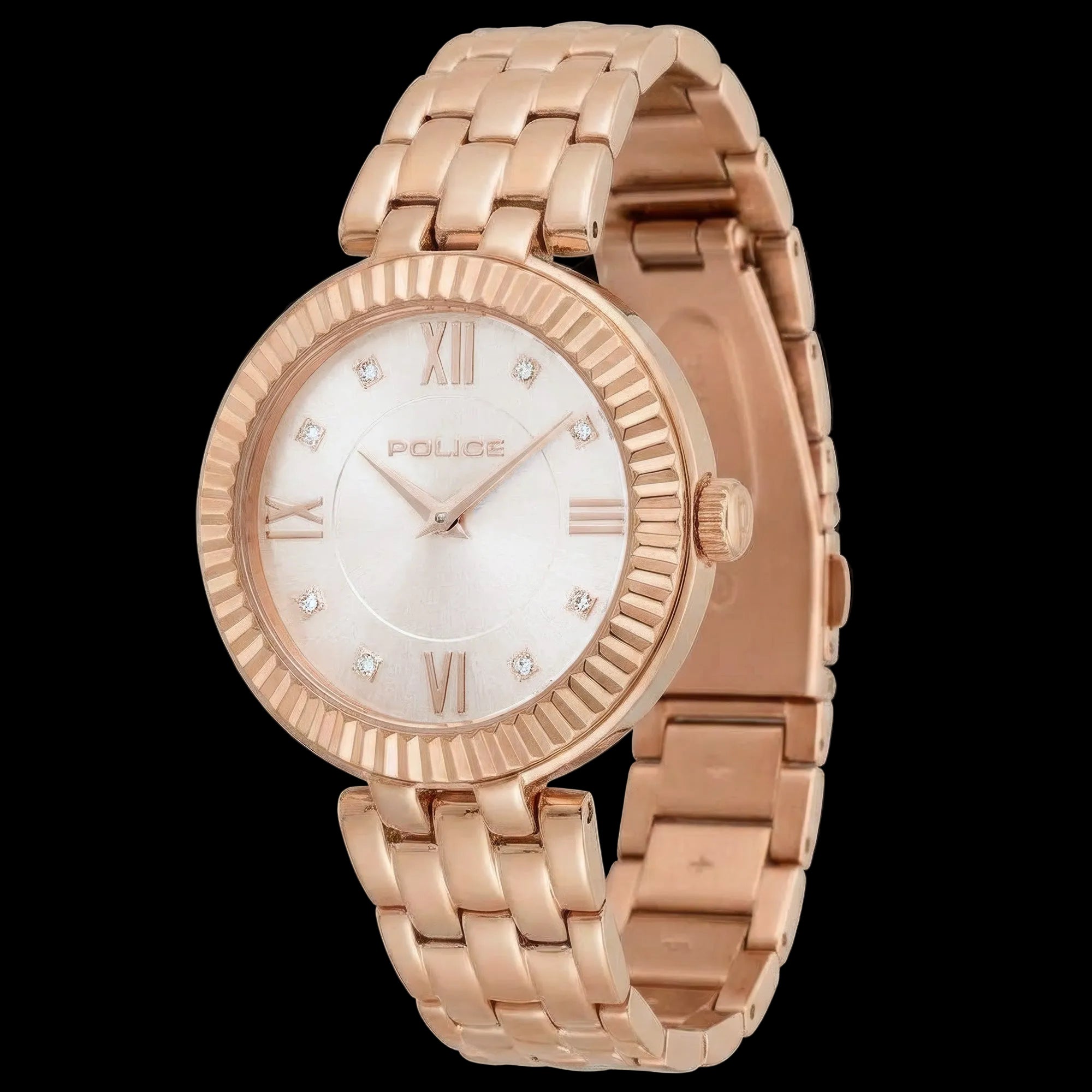 Police ladies Magnificence rose gold watch tilted to the left.