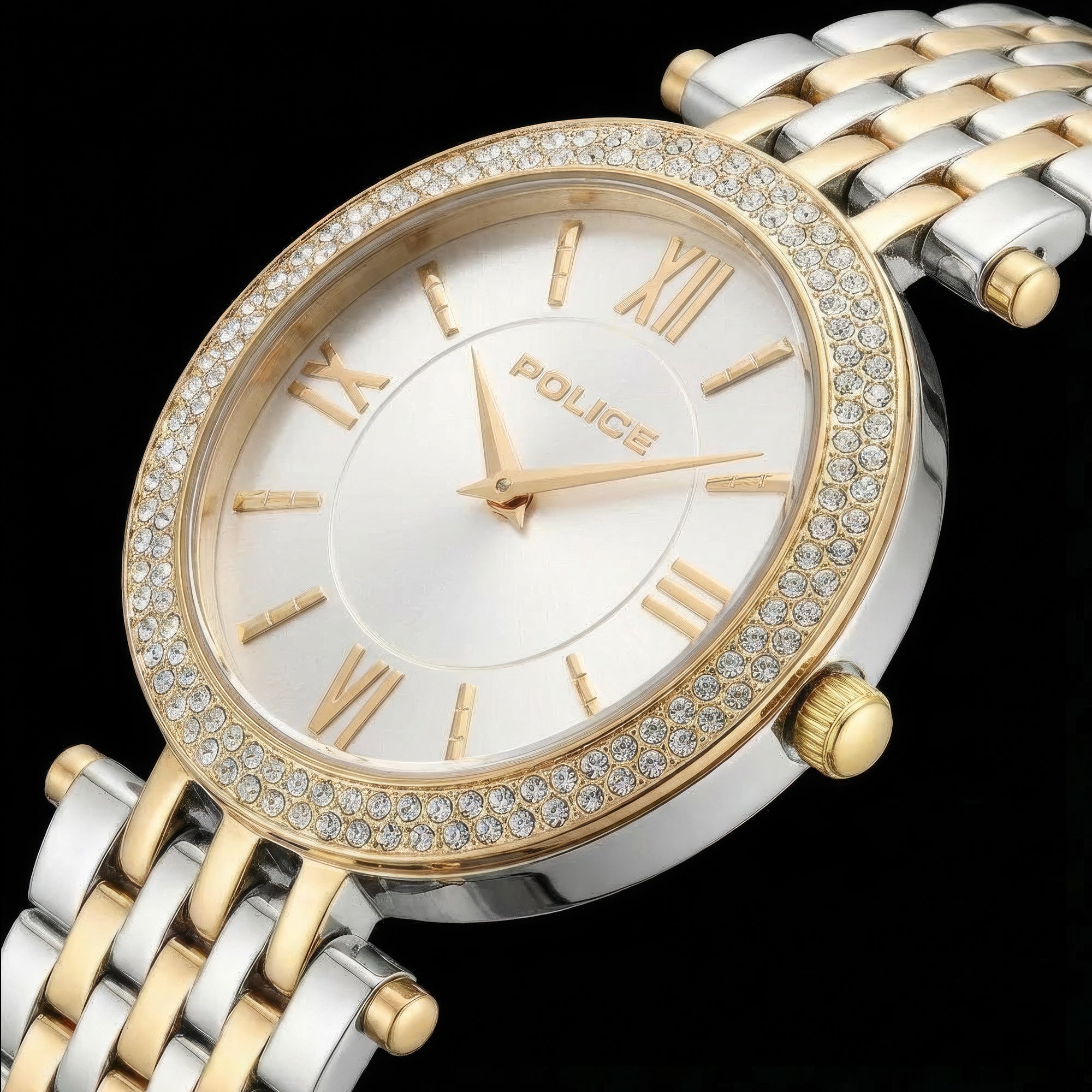 Close-up of Police ladies Magnificence gold two-tone watch.