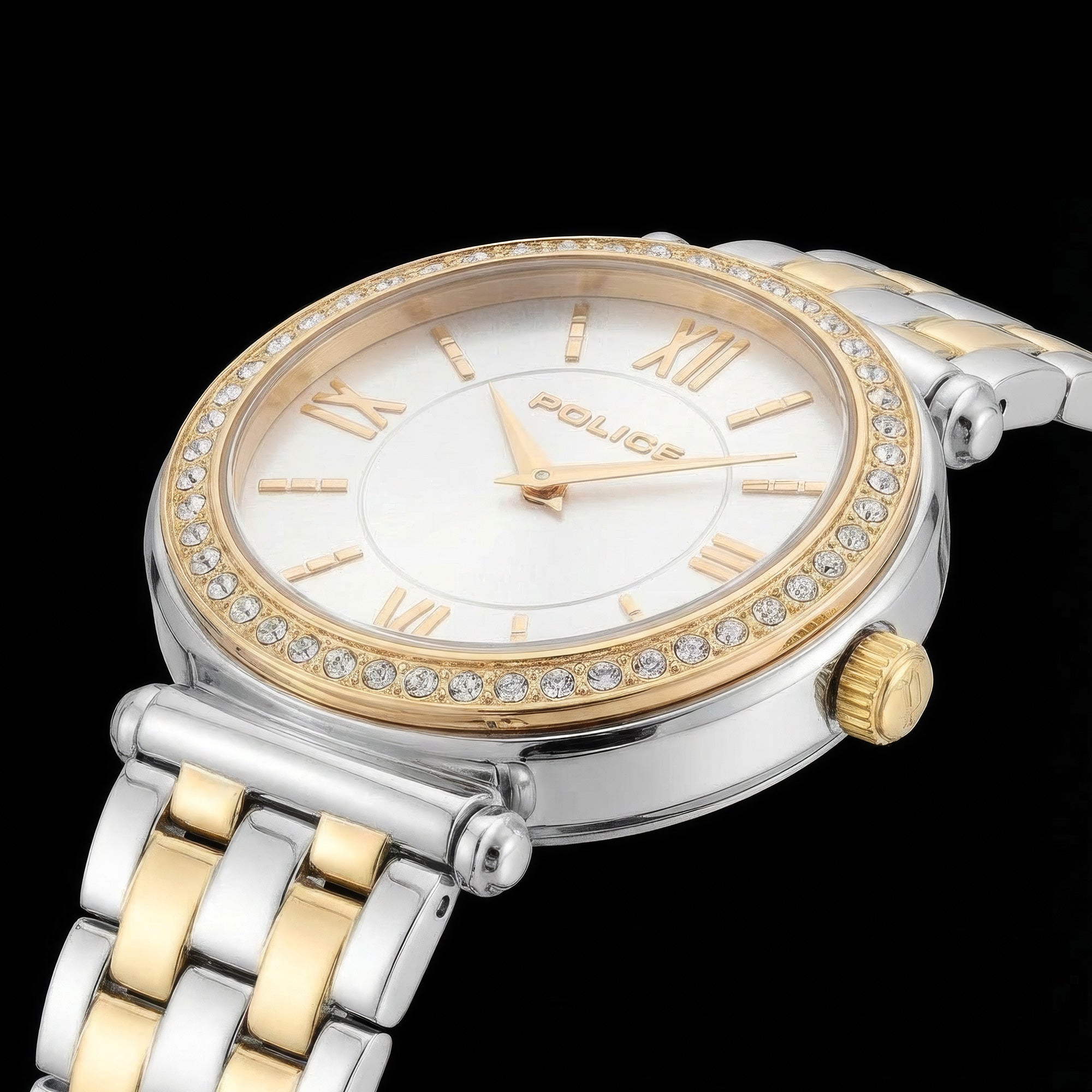 Side view of Police ladies Magnificence gold two-tone watch.