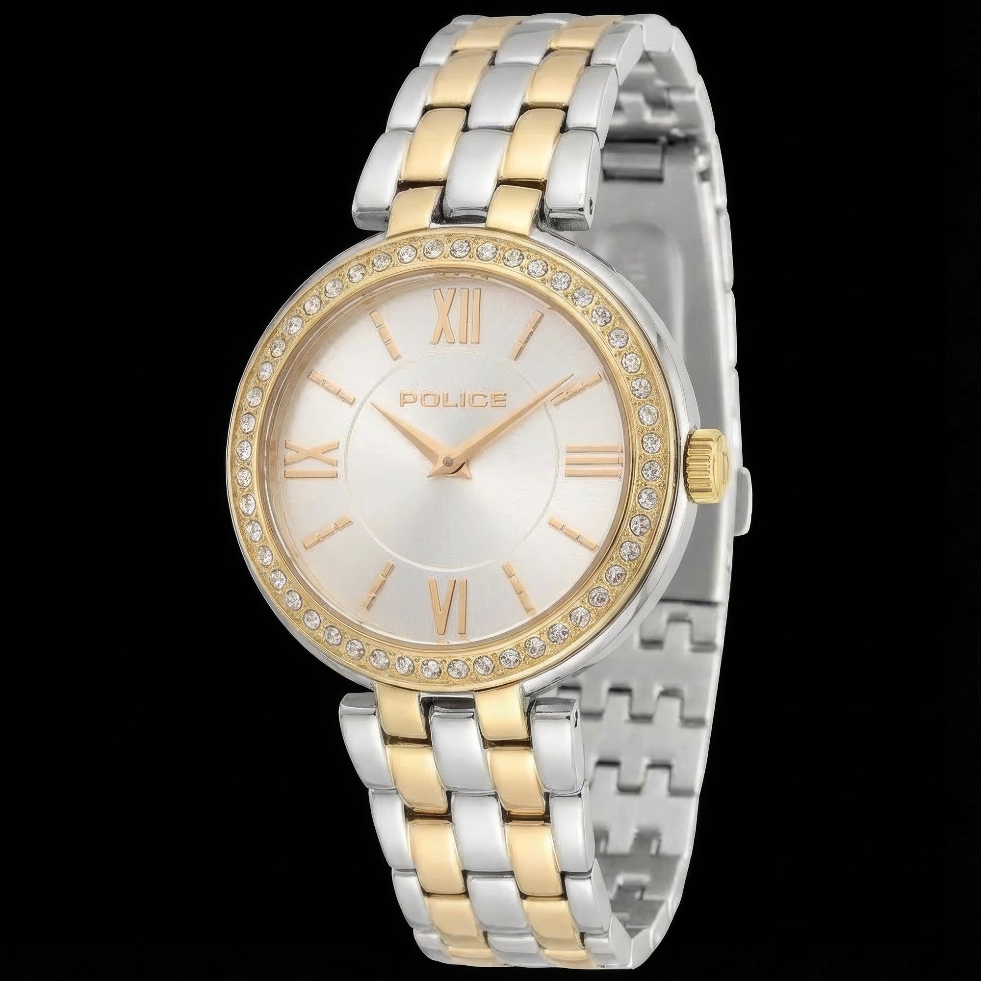 Police ladies Magnificence gold two tone watch tilted to the left.