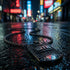 Police Men In Black dog tag necklace layer on a wet street with neon signs in the background.