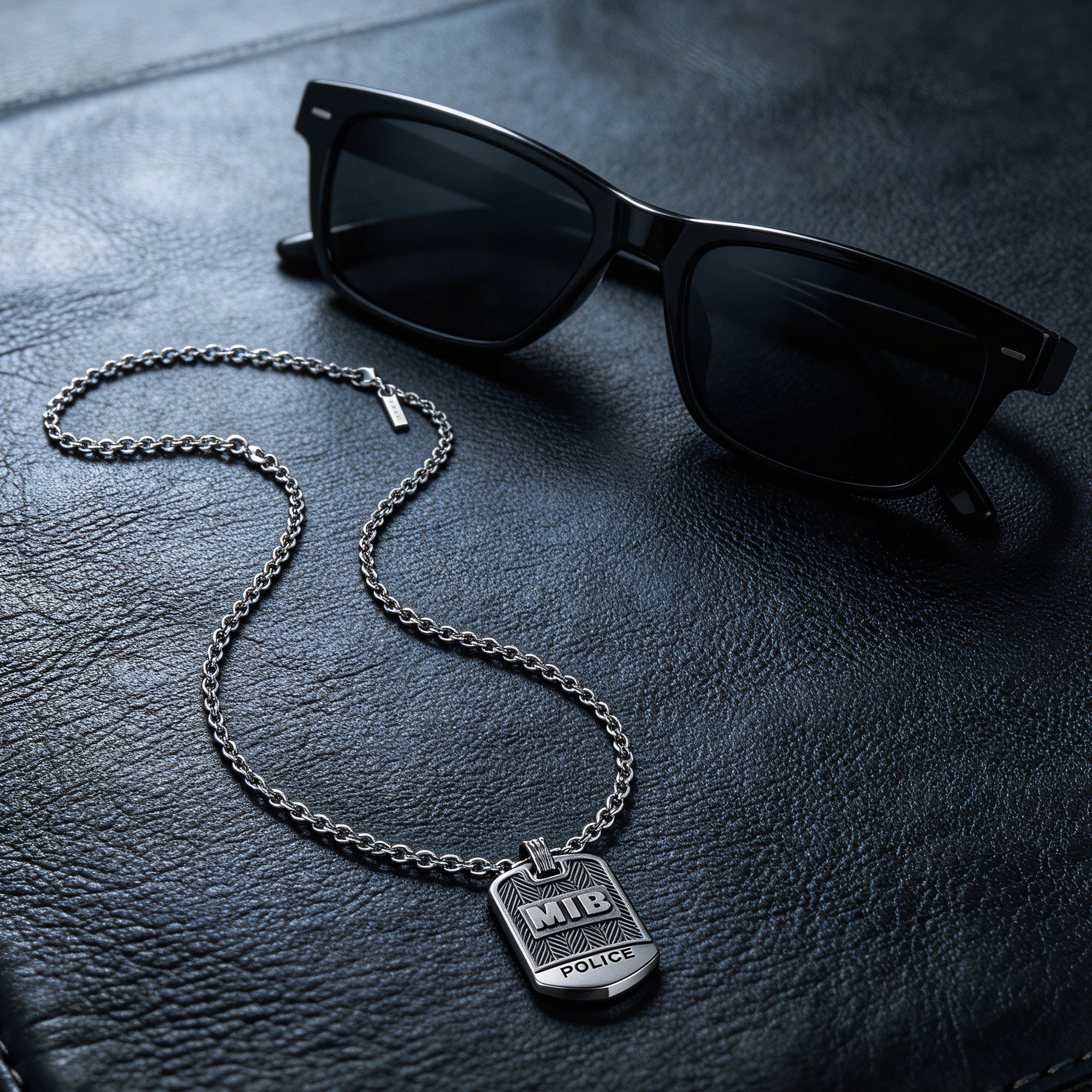 Police Men In Black stainless steel dog tag limited edition necklace on leather surface with black pair of sunglasses.