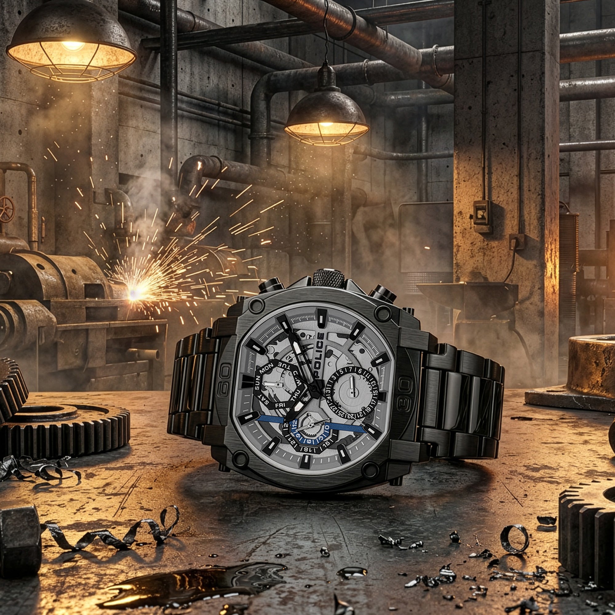 Police Norwood all black men's watch sitting on a factory work bench with sparks flying in the background.