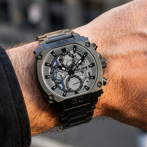 Man wearing Police Norwood all black men's watch.