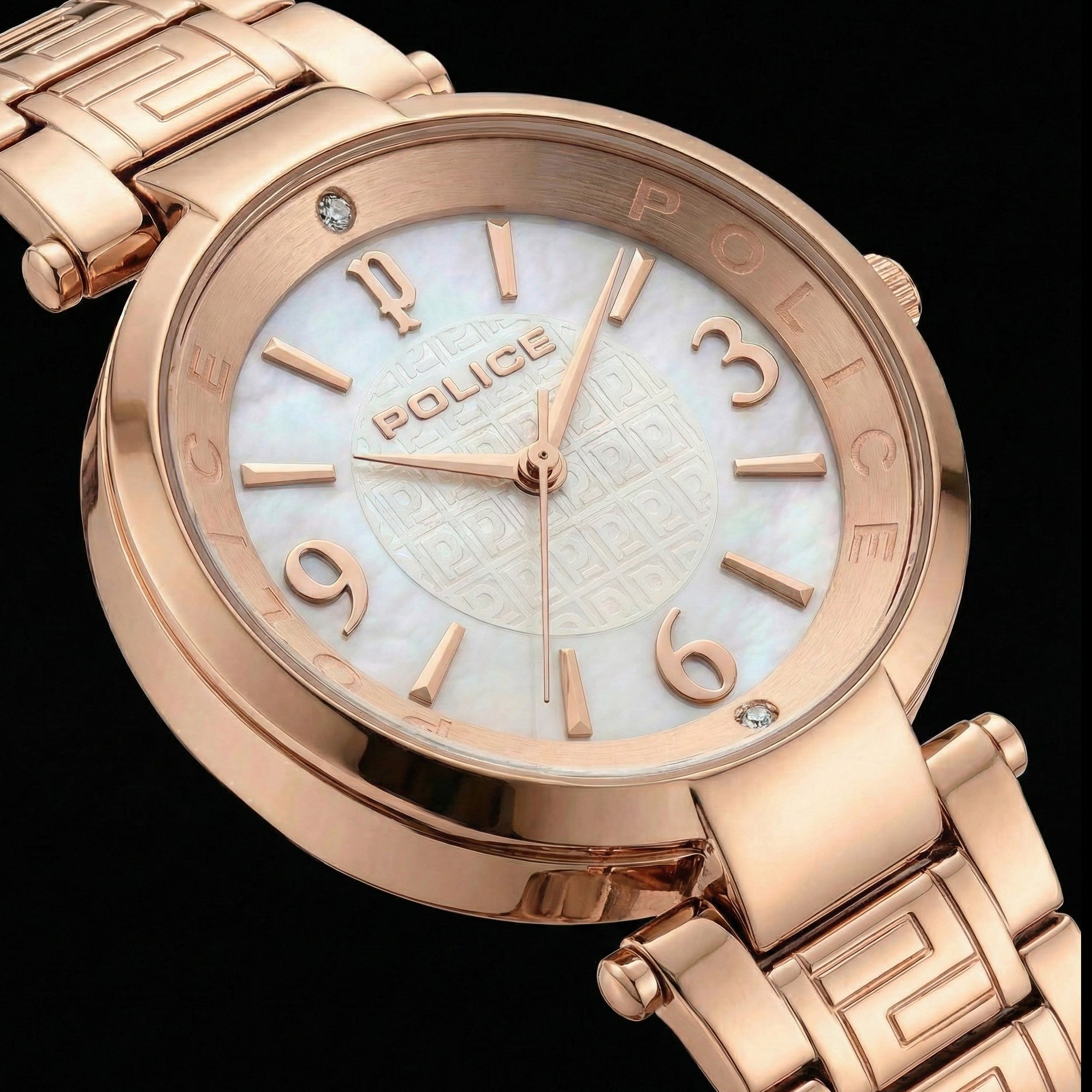Close-up of Police ladies Attraction pearl dial rose gold watch.