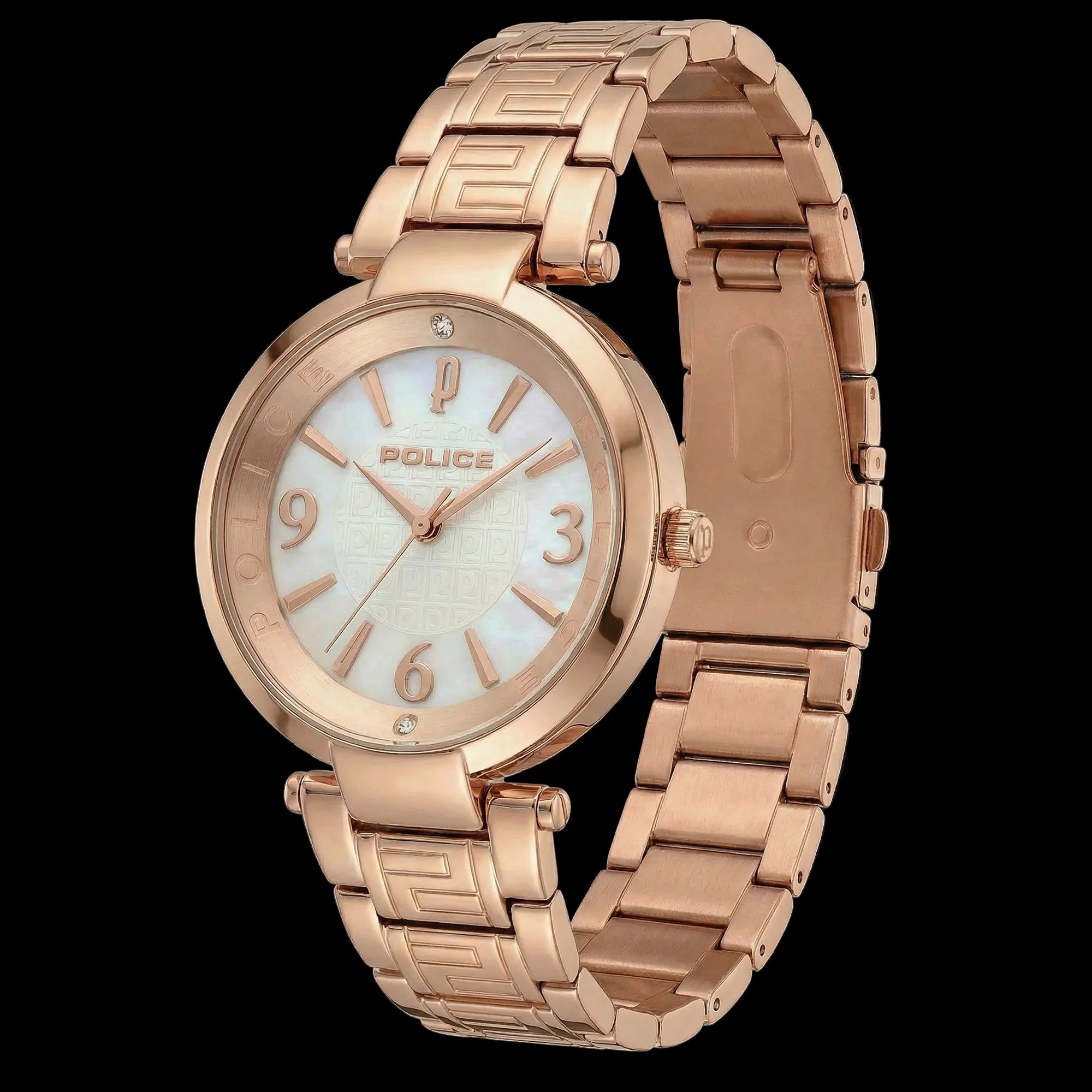 Police ladies Attraction pearl dial rose gold watch tilted to the left.