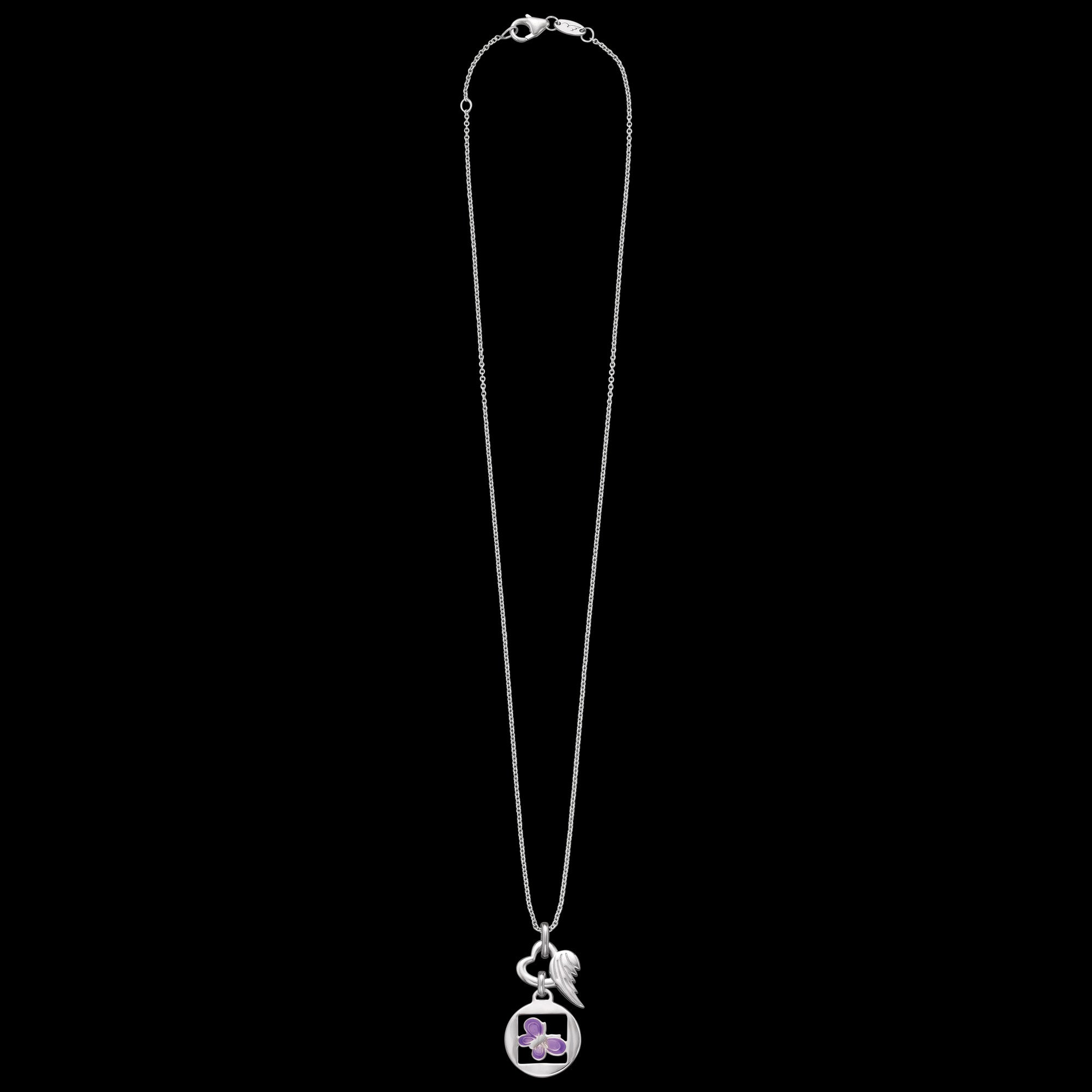 Full view of Herzengel purple butterfly nature heart wing silver children's necklace.