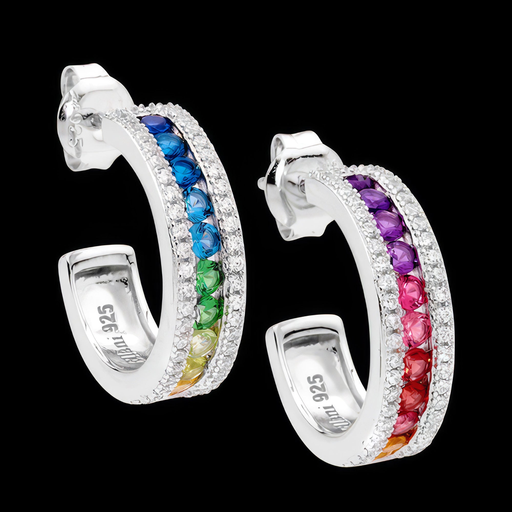 Rainbow CZ Silver Channel Set Hoop Earrings | Ellani 