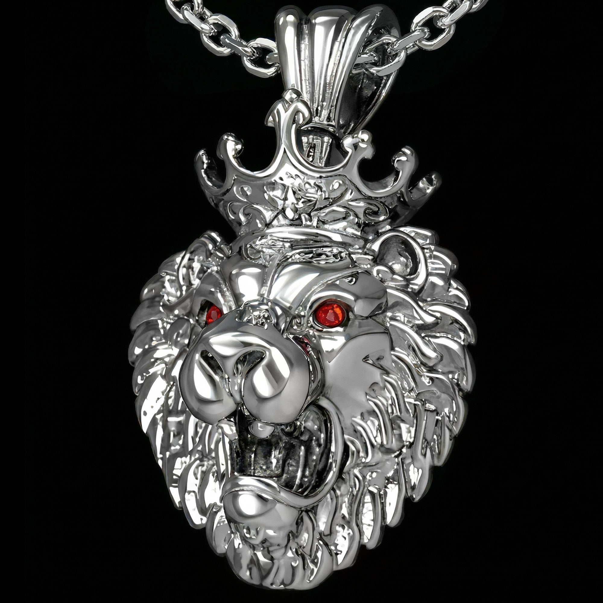 Close-up of stainless steel roaring lion head king crown necklace.