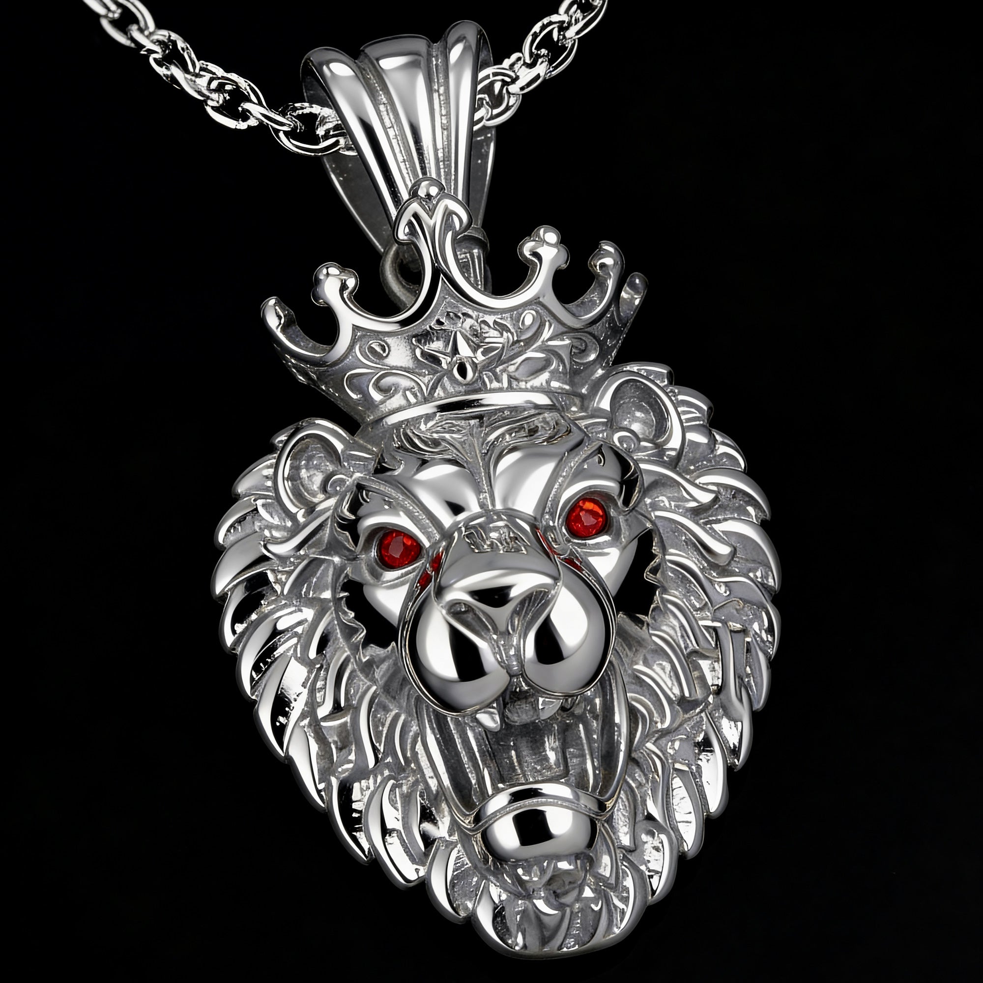Front view of stainless steel roaring lion head king crown necklace.