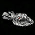Stainless steel roaring lion head king crown necklace on black mirror surface.