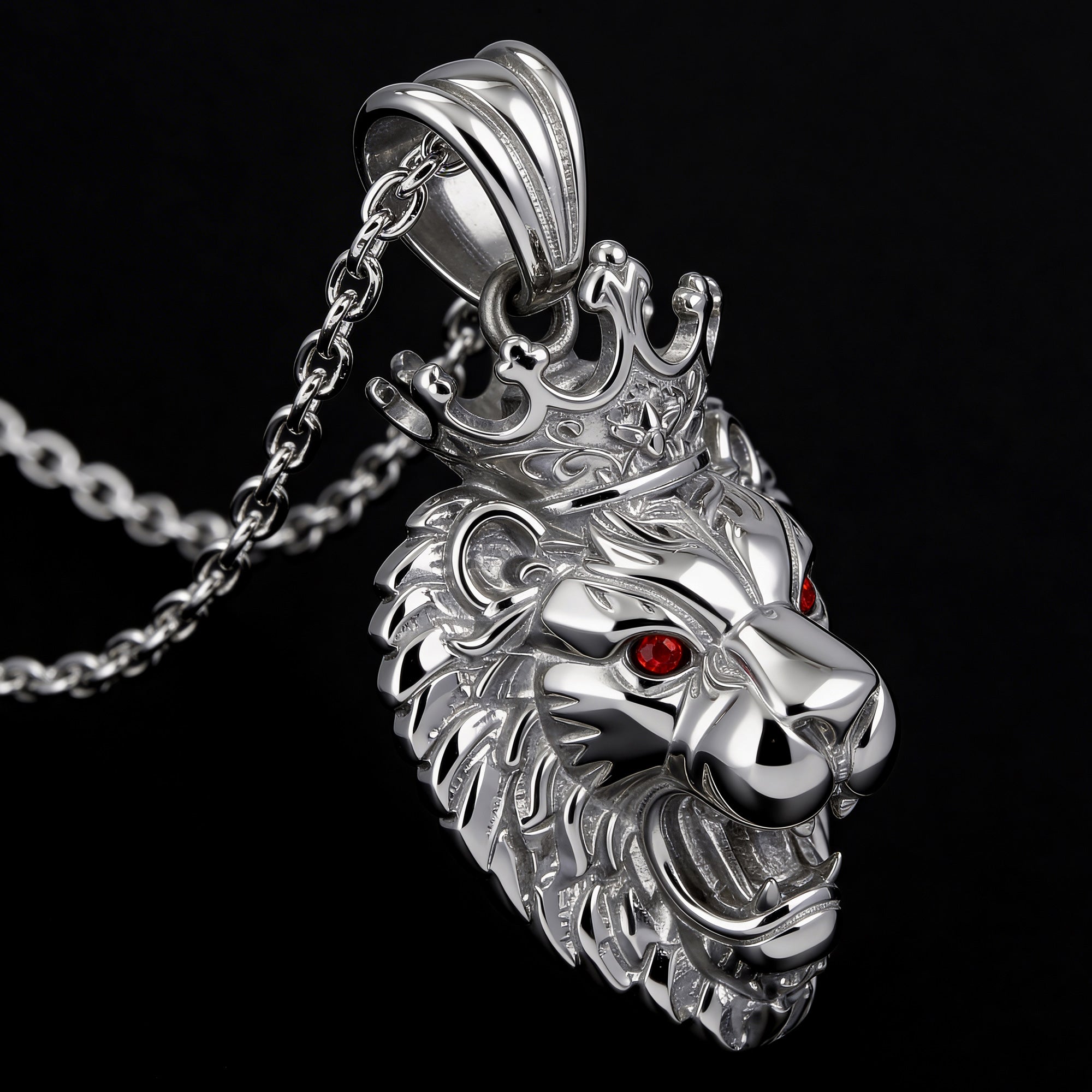 Side close-up of stainless steel roaring lion head king crown necklace.
