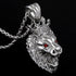 Side close-up of stainless steel roaring lion head king crown necklace.