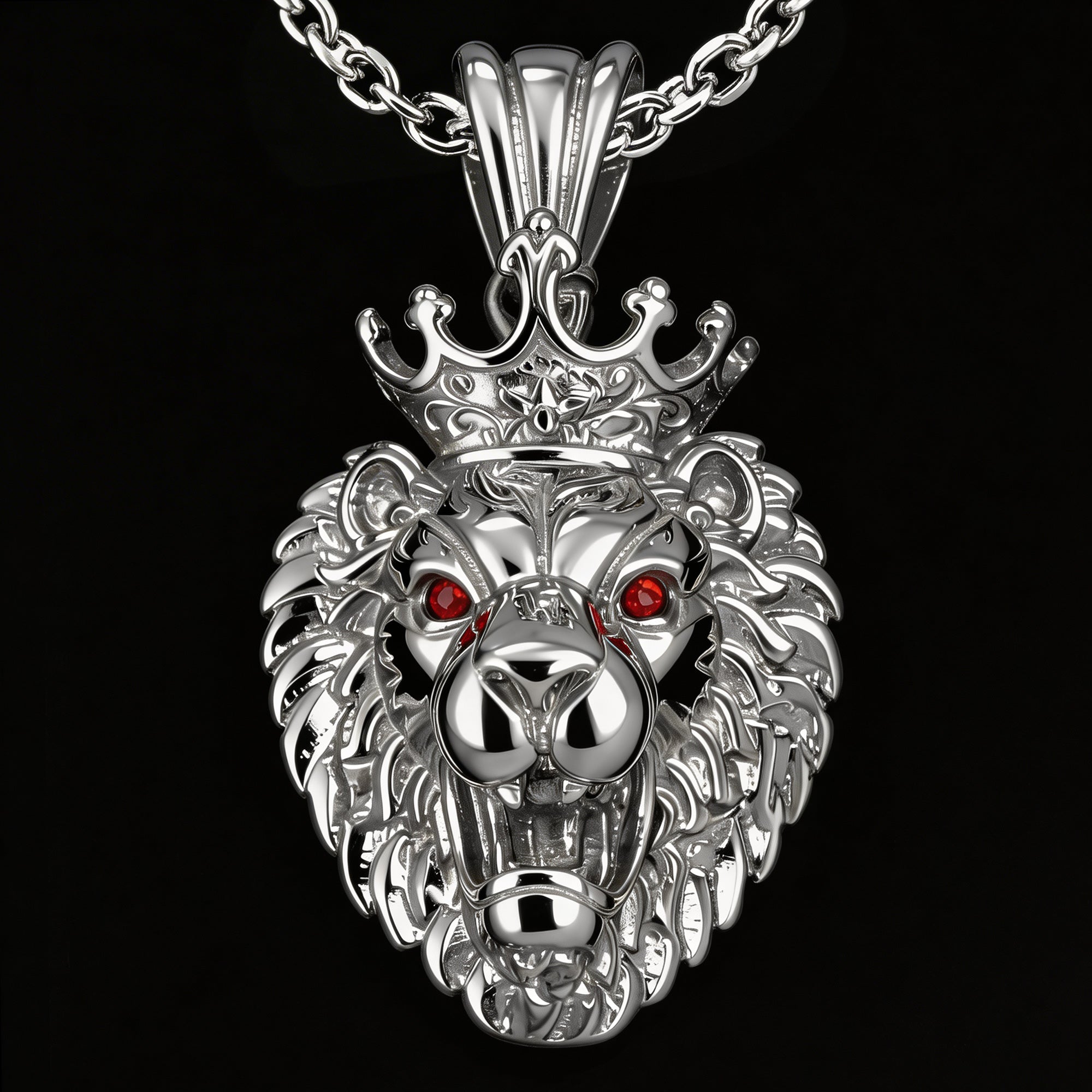 Roaring Lion Head King Crown Stainless Steel Necklace