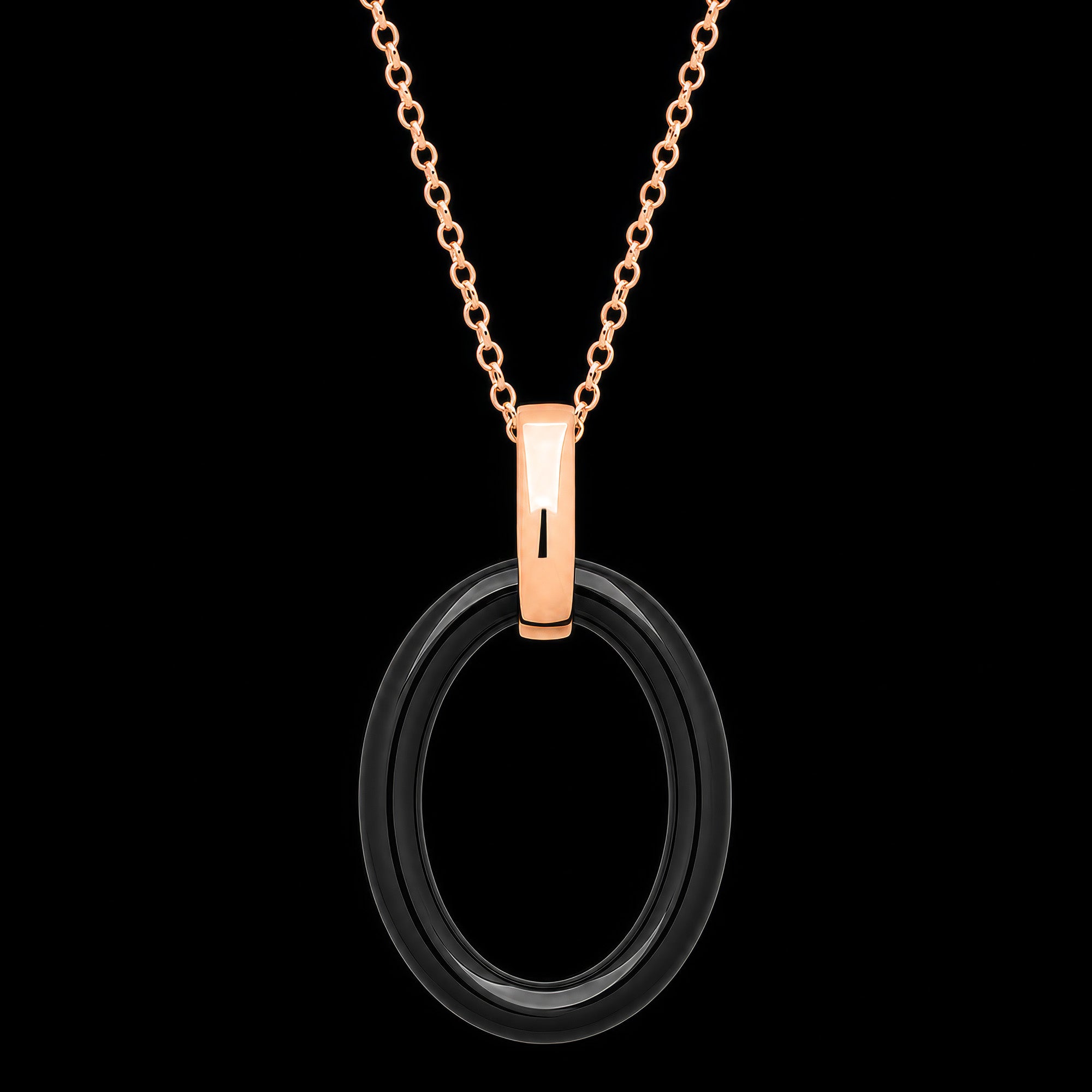 Sterling Silver Rose Gold Black Ceramic Oval Necklace