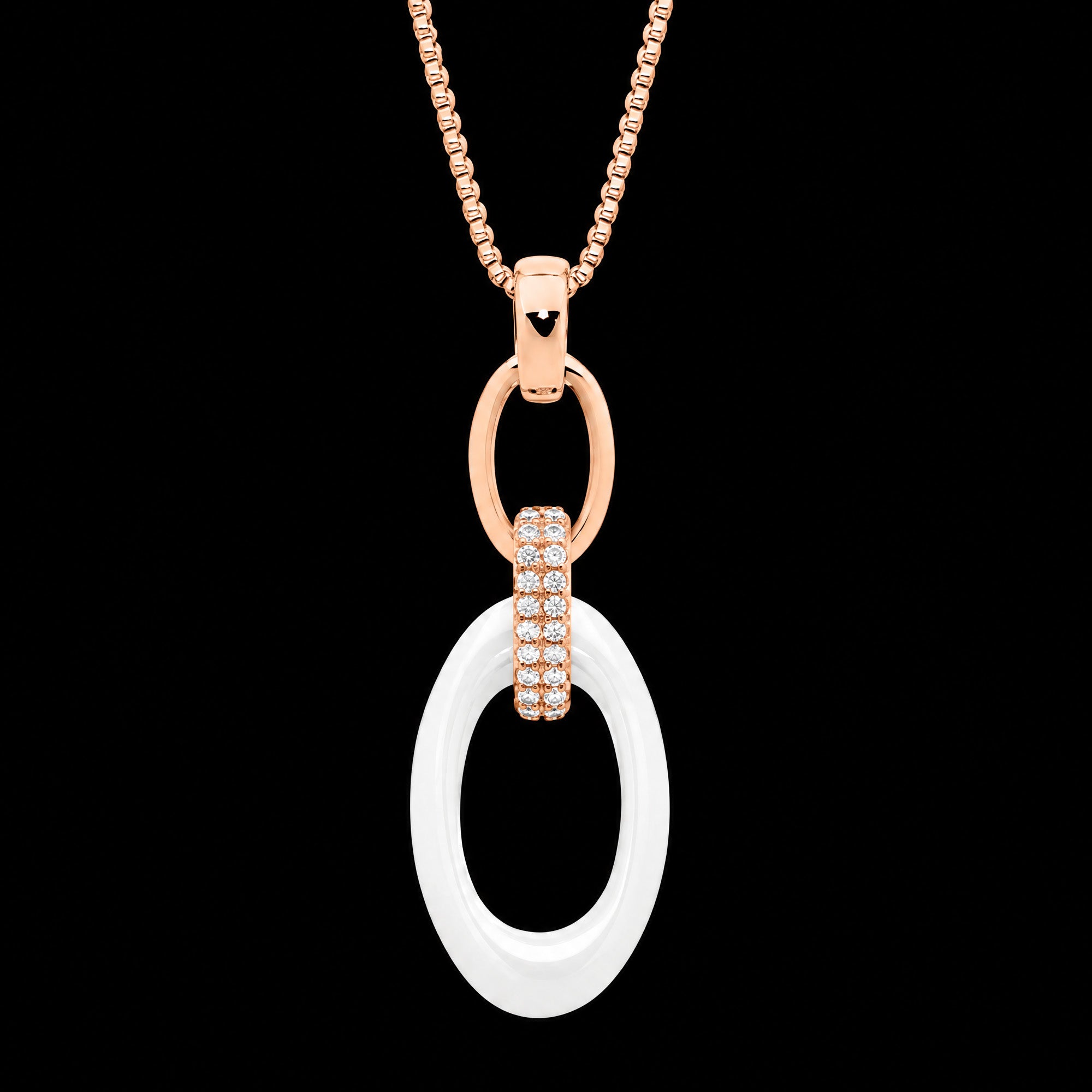 Sterling Silver Rose Gold White Ceramic Oval Link CZ Necklace