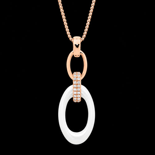 Sterling Silver Rose Gold White Ceramic Oval Link CZ Necklace