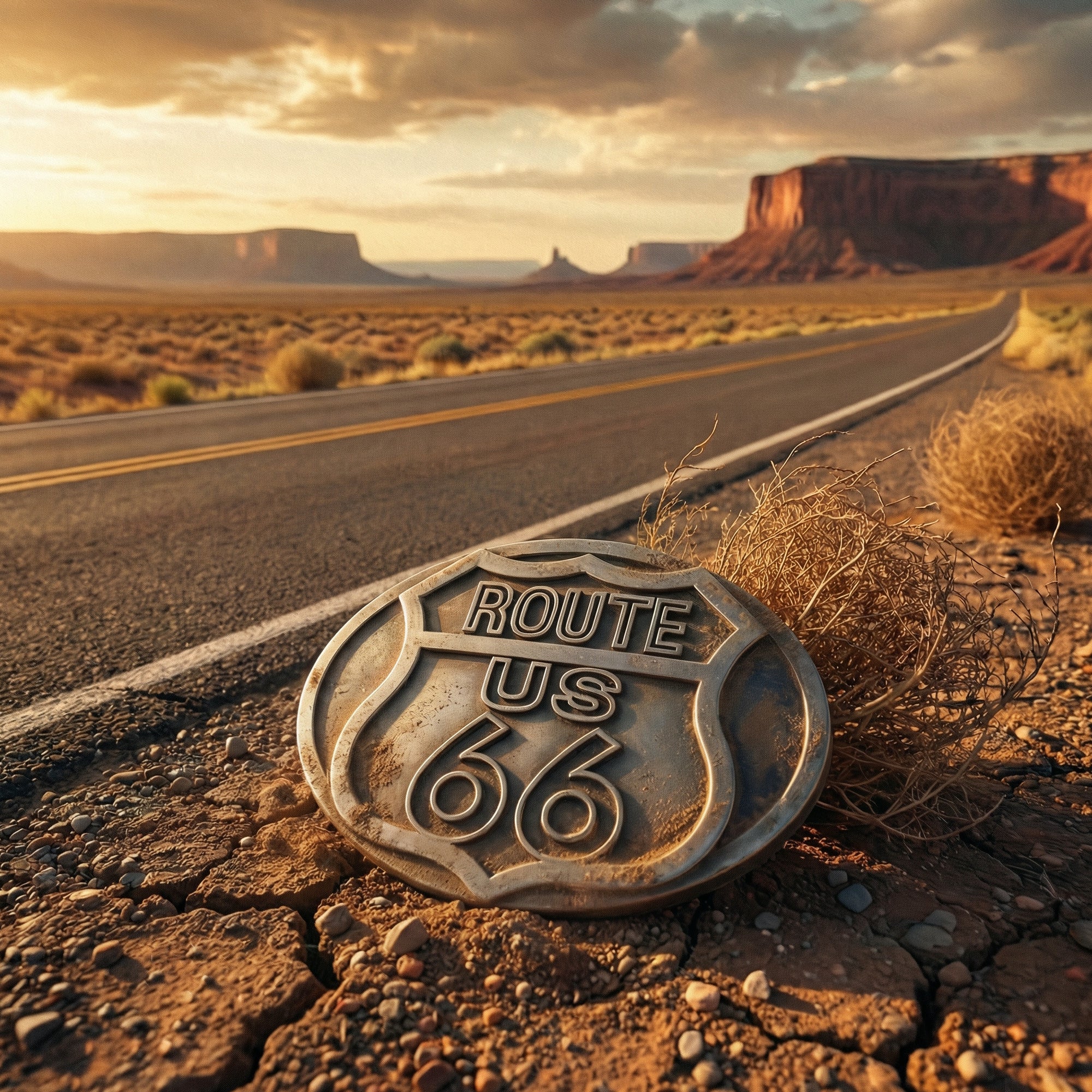A route 66 belt buckle laying on the side of a dessert highway.