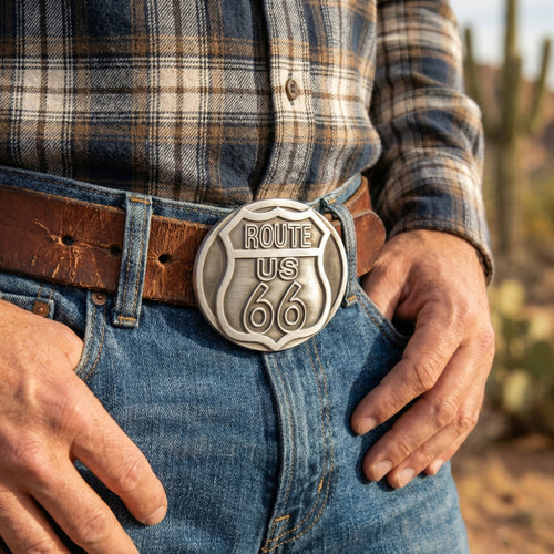 Close up of man's waist wearing a leather belt with a US Route 66 belt buckle.