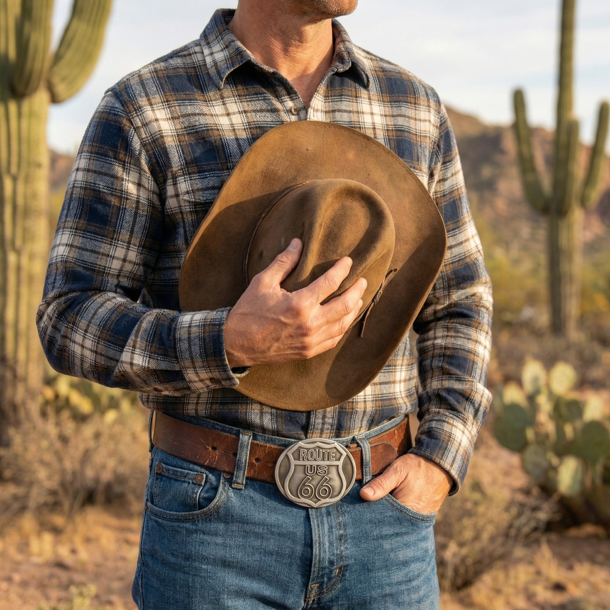 Man holding a cowboy hat in one hand and wearing a leather belt with a US Route 66 belt buckle.